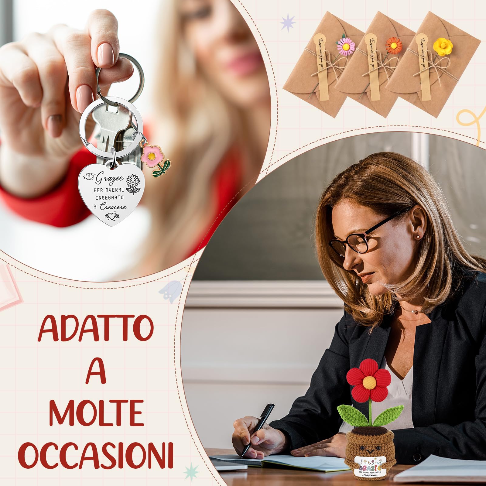 Jetec Regalo per Insegnante 3 Pianta Uncinetto con Fiore 3 Portachiavi con Ciondolo a Forma di Fiore 3 Biglietti di Auguri in Carta Kraft Maestra Feste e Celebrazioni Scolastiche