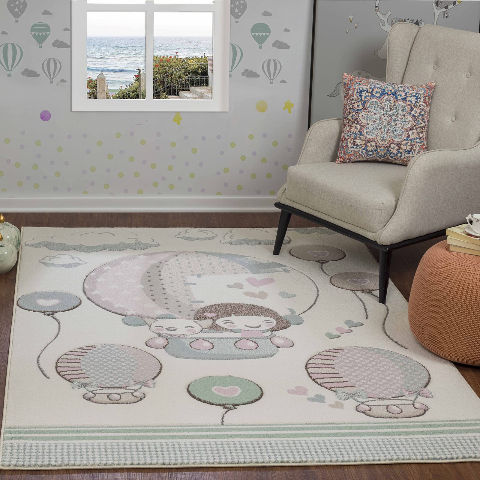 Livabliss Hot Air Balloon Kids Rug - Childrens Rugs for Bedroom 160x213 cm, Kids Carpet for Girls and Boys Bedroom, Playroom and Nursery Rugs, Baby Rug for Girl or Boy Room, Beige and Pink