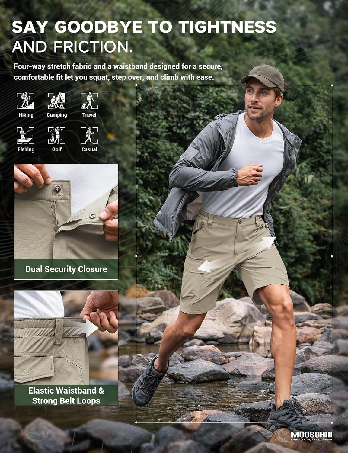 Moosehill Hiking Shorts Men 8-Pocket: Cargo Lightweight Quick Dry Water Resistant Stretch for Outdoor Fishing Camping