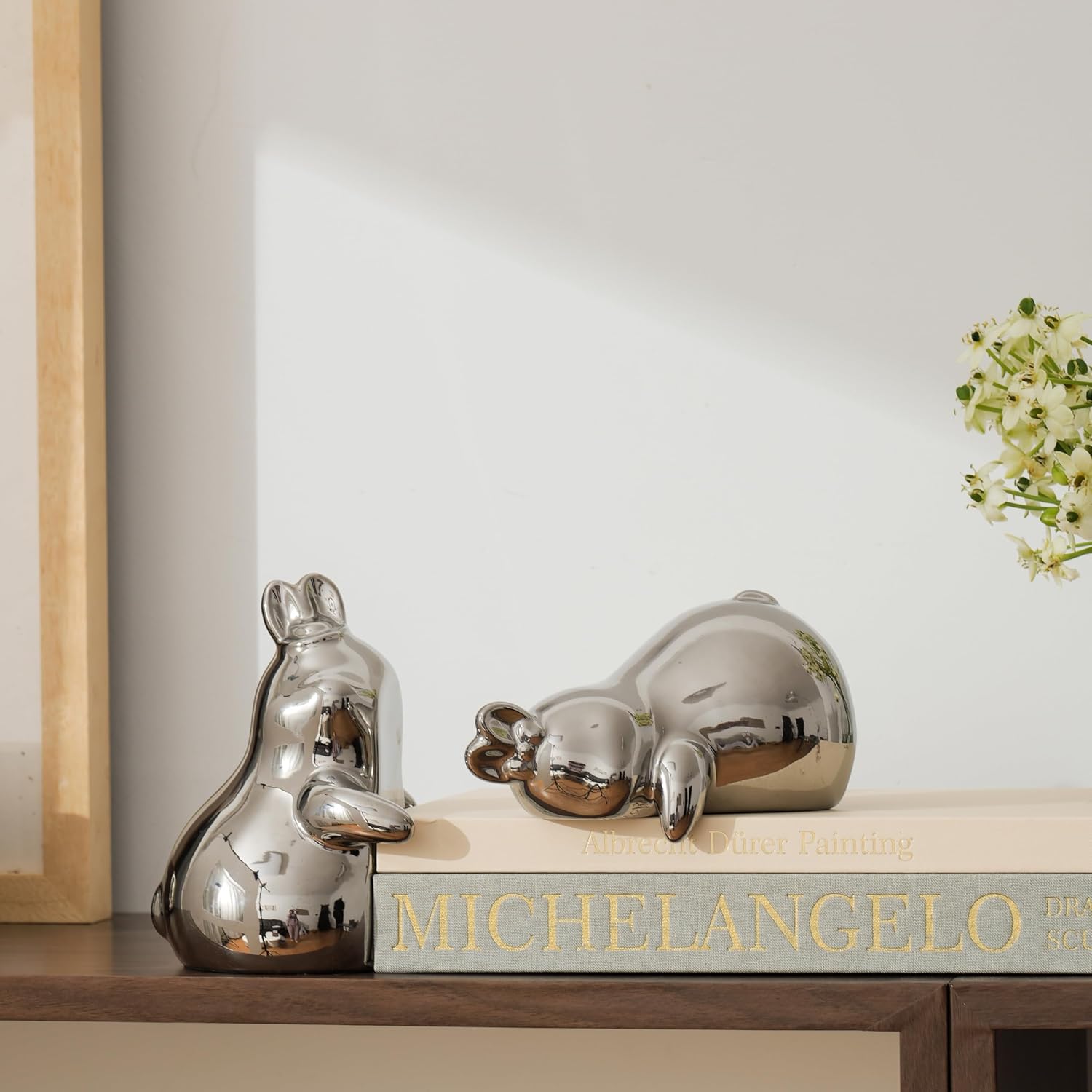 Cute Cuddly Silver Bunny Decorative Bookends, Ceramic Unique Book Holders for Shelves, Heavy Duty Book Ends Stopper for Home Office Desk Bookshelf Decoration