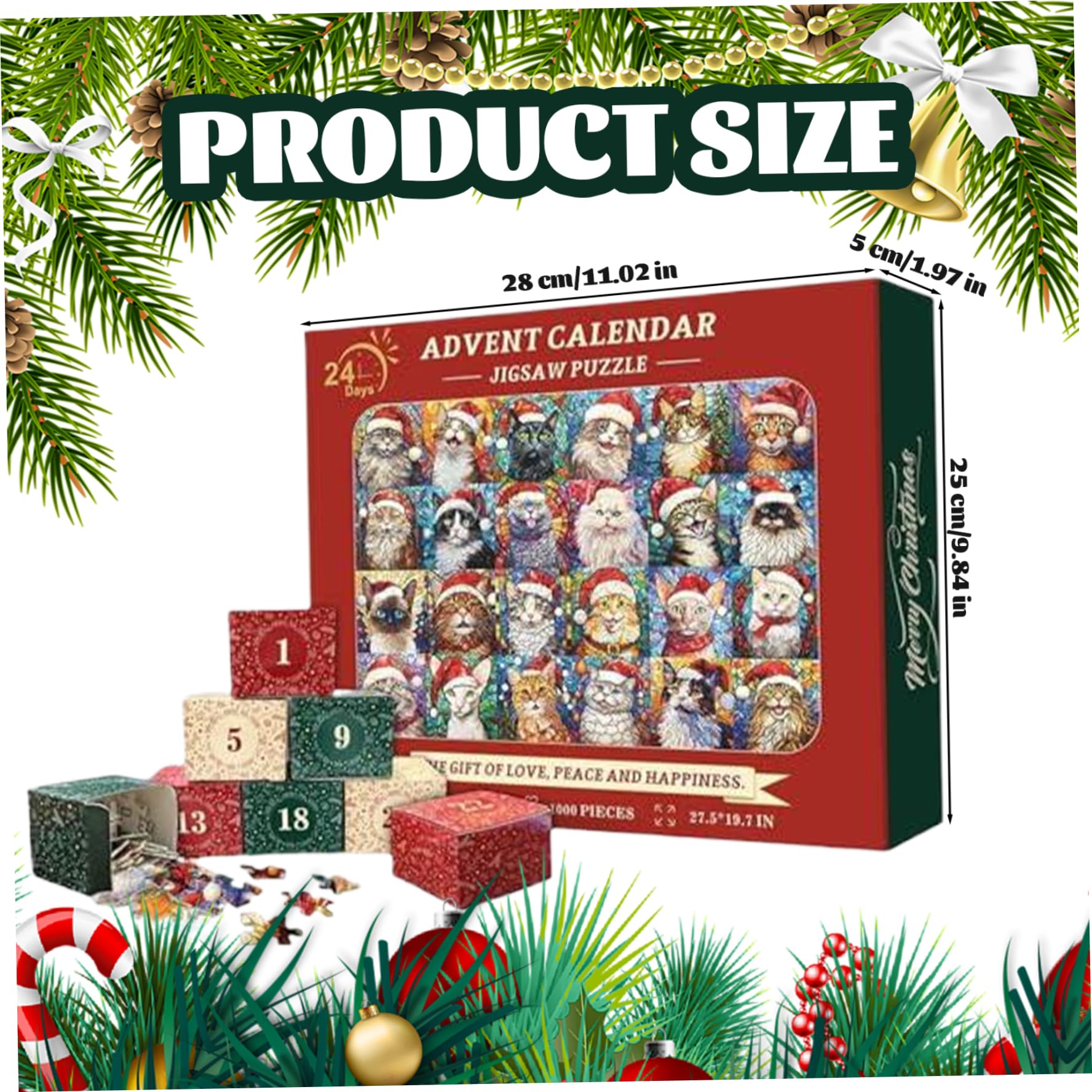 Calendario de adviento de Navidad 2024, 1000 piezas Puzzle de calendario de adviento de gato navideño, 24 días de cuenta regresiva de la familia Familia Game para niños adolescentes adultos..