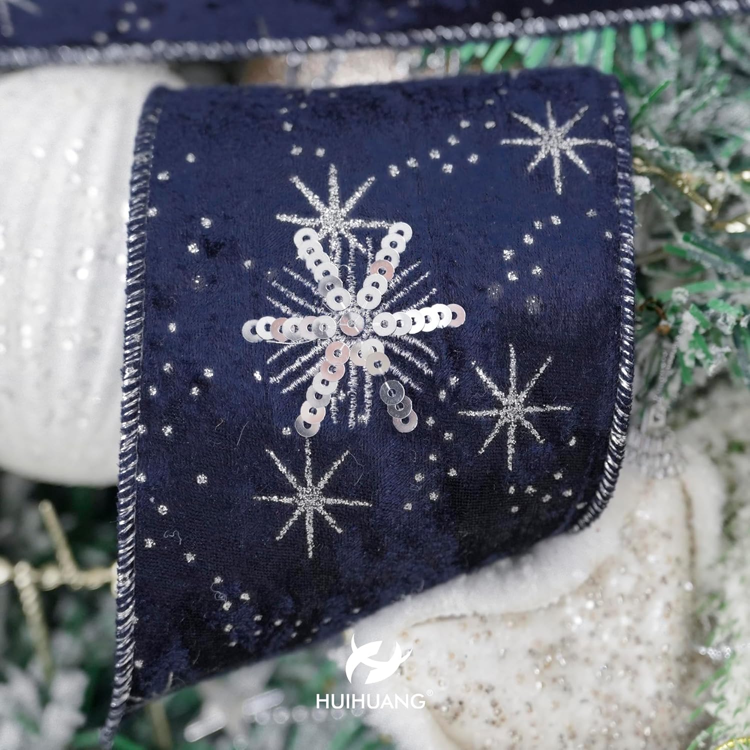 HUIHUANG 4 inch Navy Blue Velvet Wired Ribbon with Sequins Snowflakes Embroidered Trim Christmas Ribbon for Trees, Tree Top Bows, Garlands, Staircases, Wreaths-10 Yards