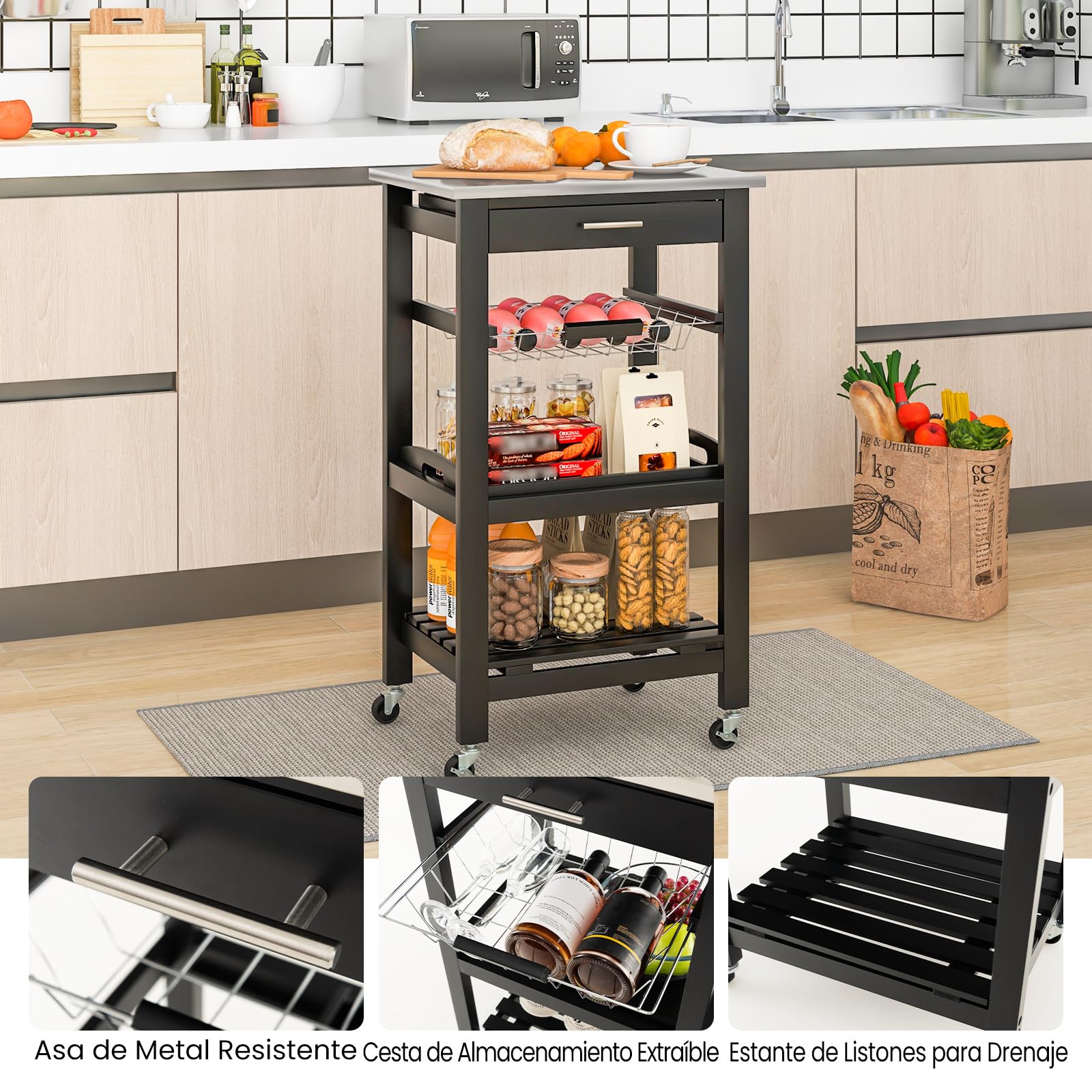 GOPLUS Isla de Cocina con Ruedas, Carrito de Almacenamiento Rodante con Encimera de Acero Inoxidable, Cesta de Alambre Metálico Deslizable, Bandeja para Servir, para Cocina y Comedor (Negro)