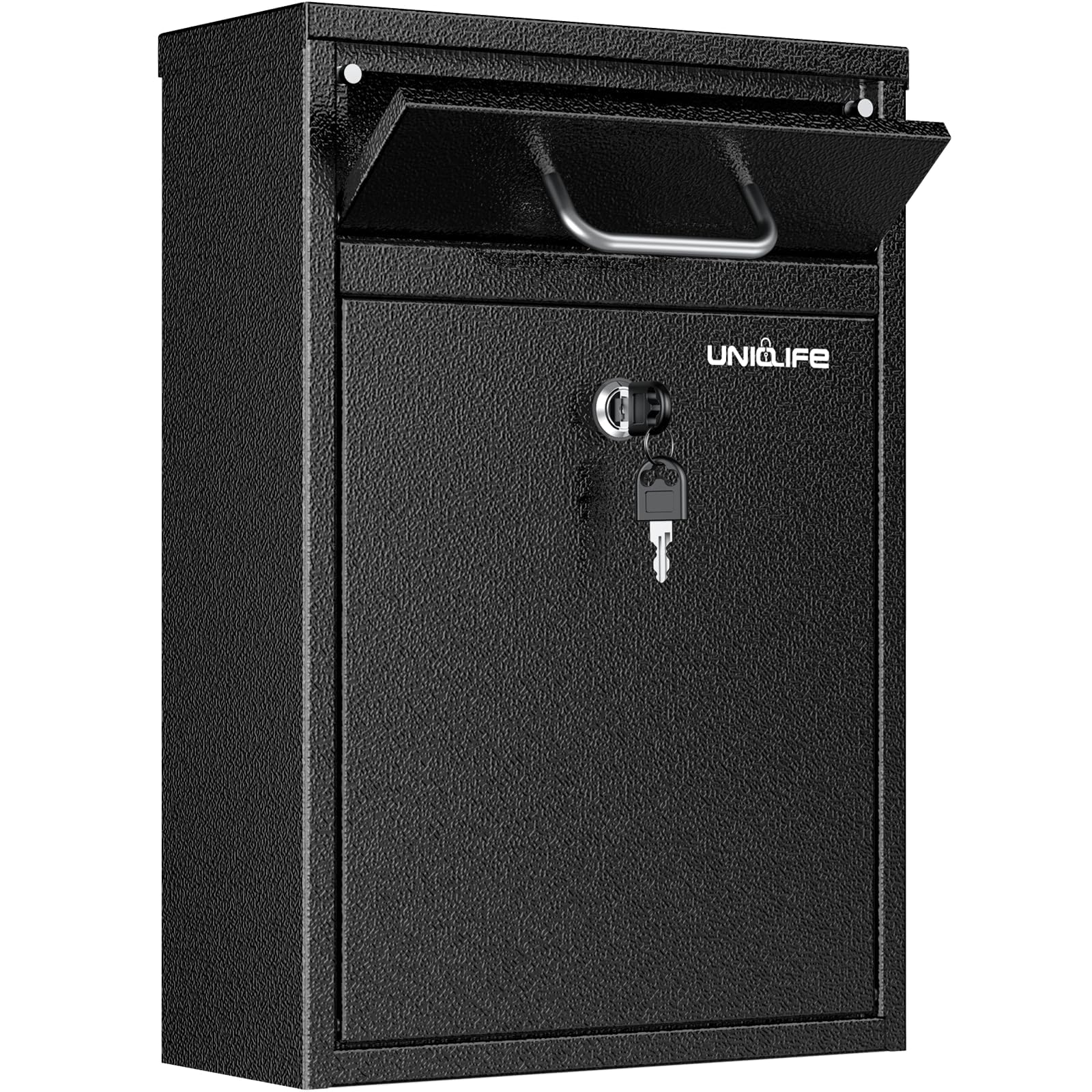 Uniclife Buzón de Pared para Exterior, Antirrobo de Alta Resistencia con Cerradura, Gran Buzón con Llave, Buzón de Seguridad, Buzón de Depósito Seguro, Buzón de Acero para Home Office, Negro