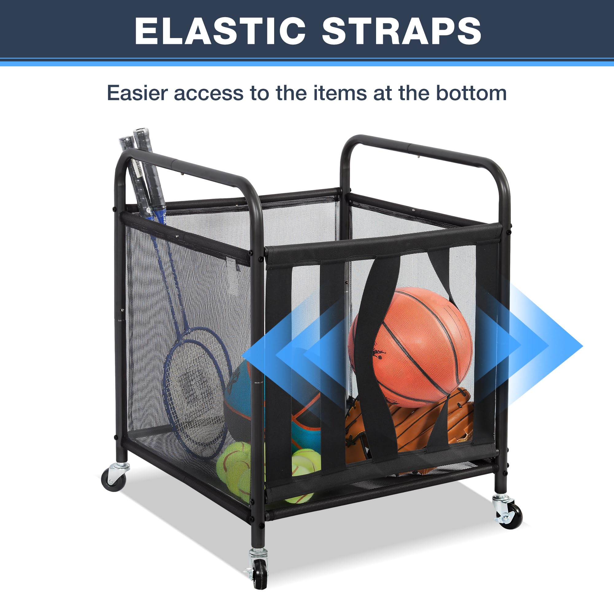 STO STO Rollender Sportball-Aufbewahrungswagen, abschließbarer Basketballkäfig mit elastischen Bändern, Sportgeräte-Halter für drinnen und draußen, Stahl-Aufbewahrungsregal für Spielplatz und