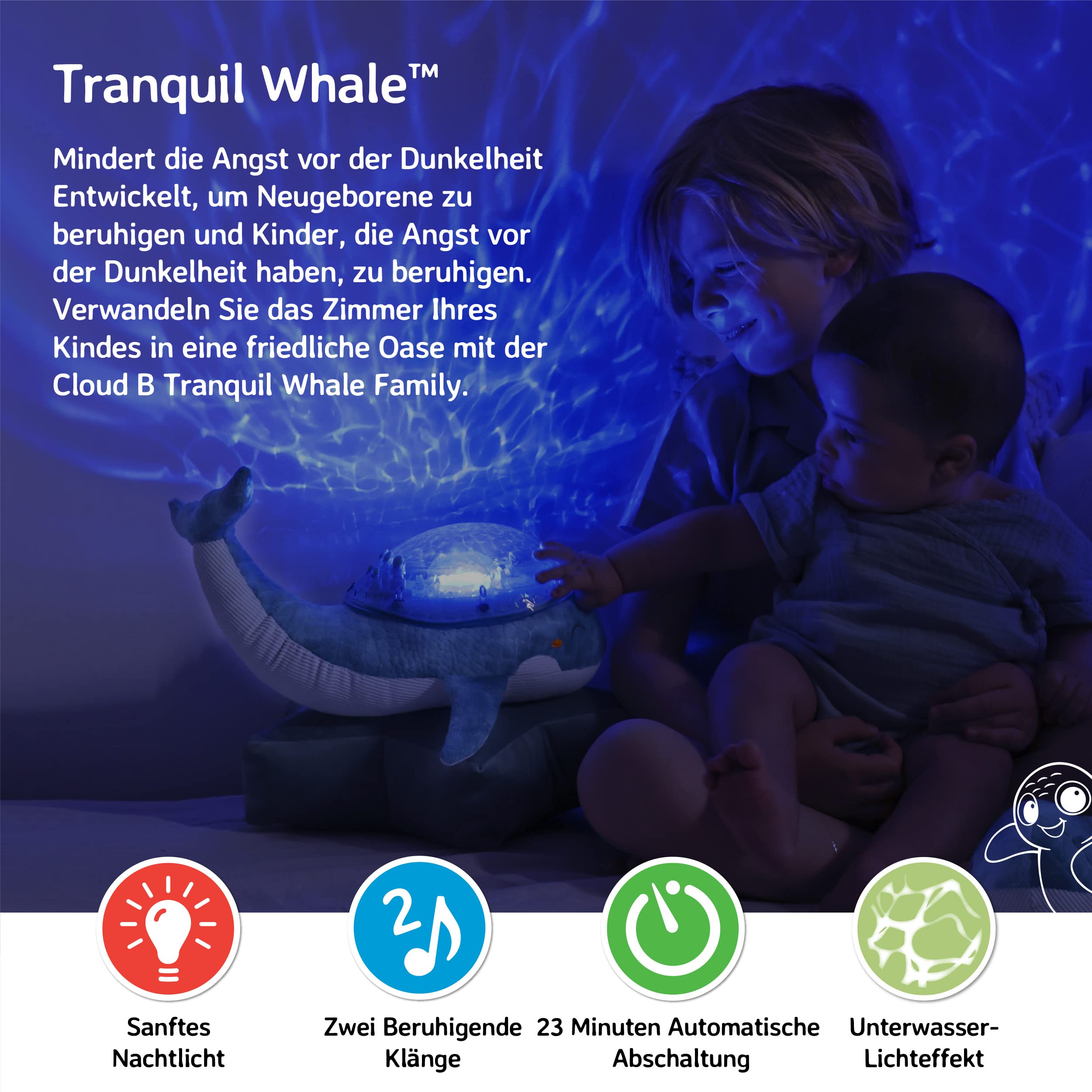 Cloud b Nachtlicht Ozean Projektor mit Beruhigenden Klängen, Einstellbarer Helligkeit & Bewegung, 23 Min Auto-Off, Babywal Spieluhr, Tranquil Whale Blau