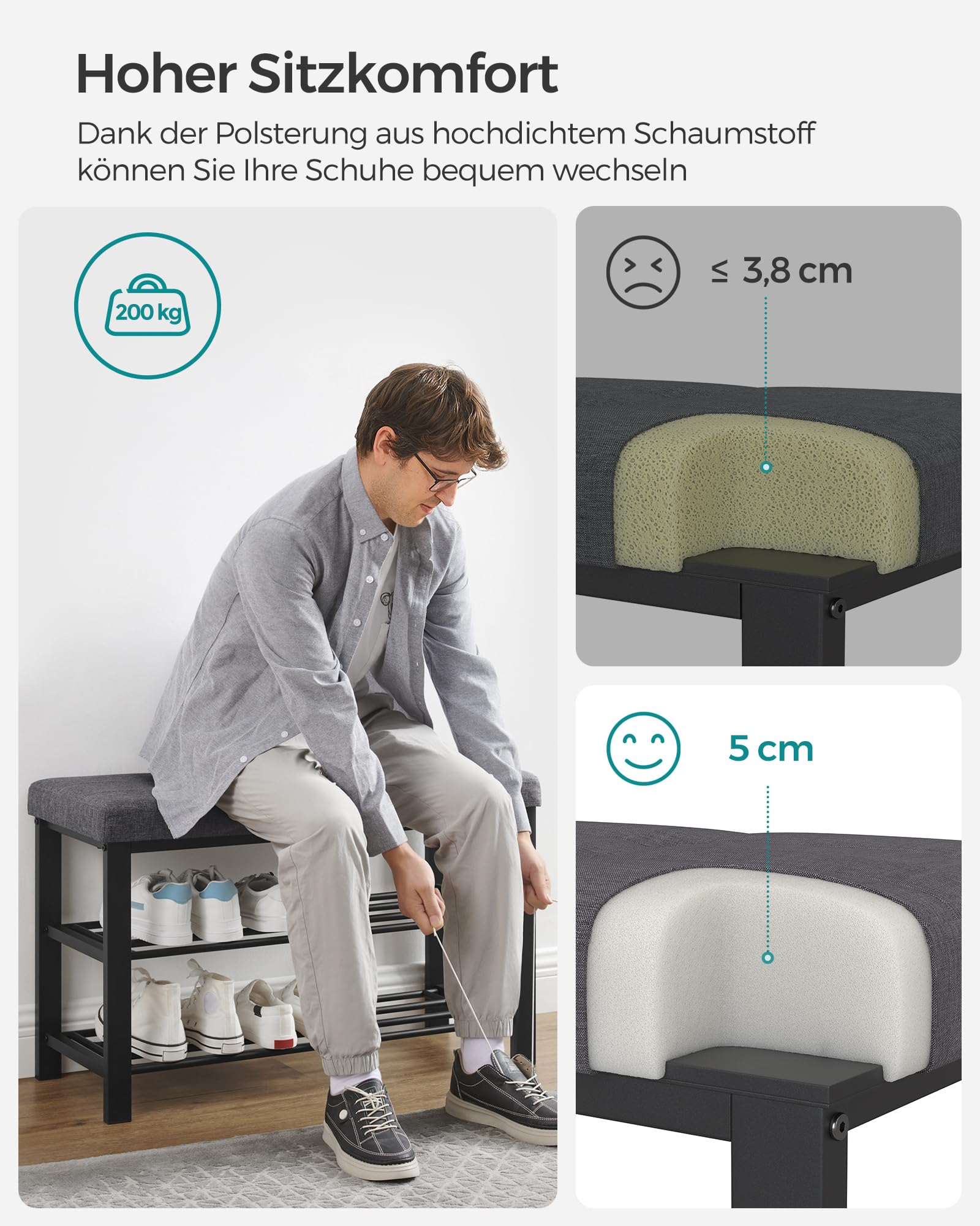 SONGMICS Schuhbank, Schuhregal mit 3 Ebenen, Schuhaufbewahrung, Sitz mit Schaumstoffpolsterung, Leinen, Metallrahmen, für Wohnzimmer Eingangsbereich, 31 x 81 x 49 cm, dunkelgrau-schwarz LBS057B01