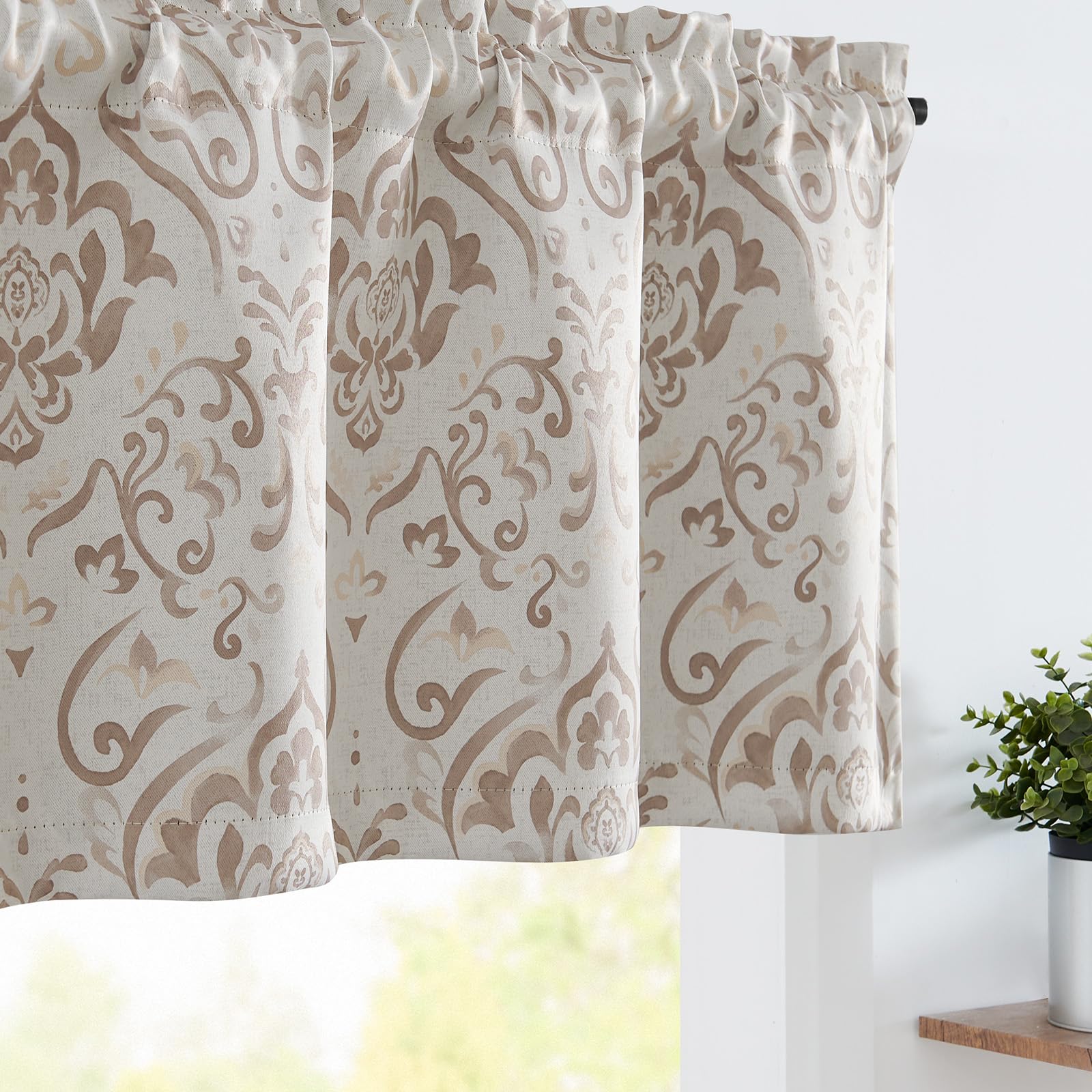 jinchan Blackout Valance Floral Curtain for Kitchen Living Room Room Darkening Vintage Country Farmhouse Valance Damask Medallion Printed Window Treatment Rod Pocket 1 Panel 16 Inch Taupe