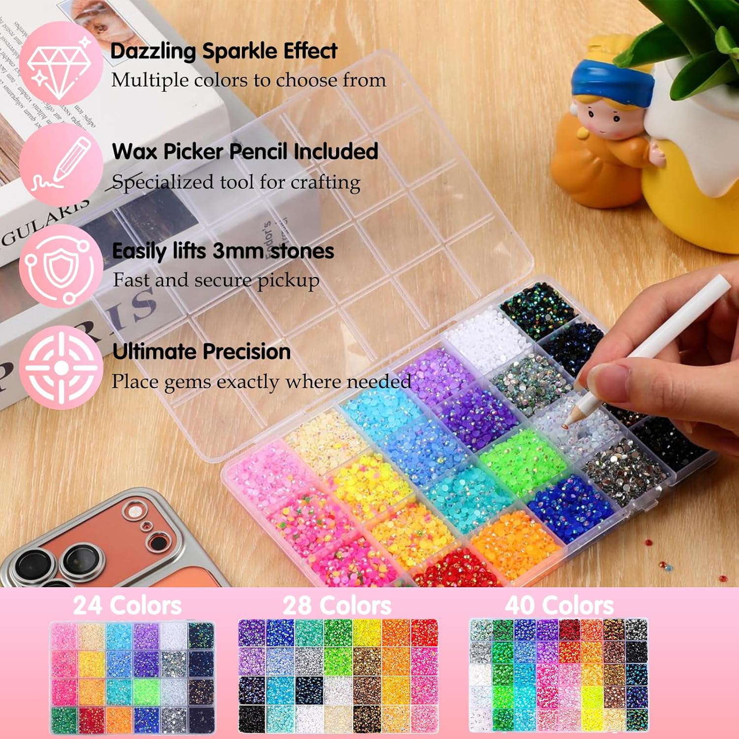 32000Pcs 40 Colors Resin Jelly Rhinestones for Bedazzling, Multicolor 3mm Flatback Gems for Diamond Art 3Pcs Jewelry Glue for Bedazzled Nail Art Makeup Crafting Book Shoes - Image 2