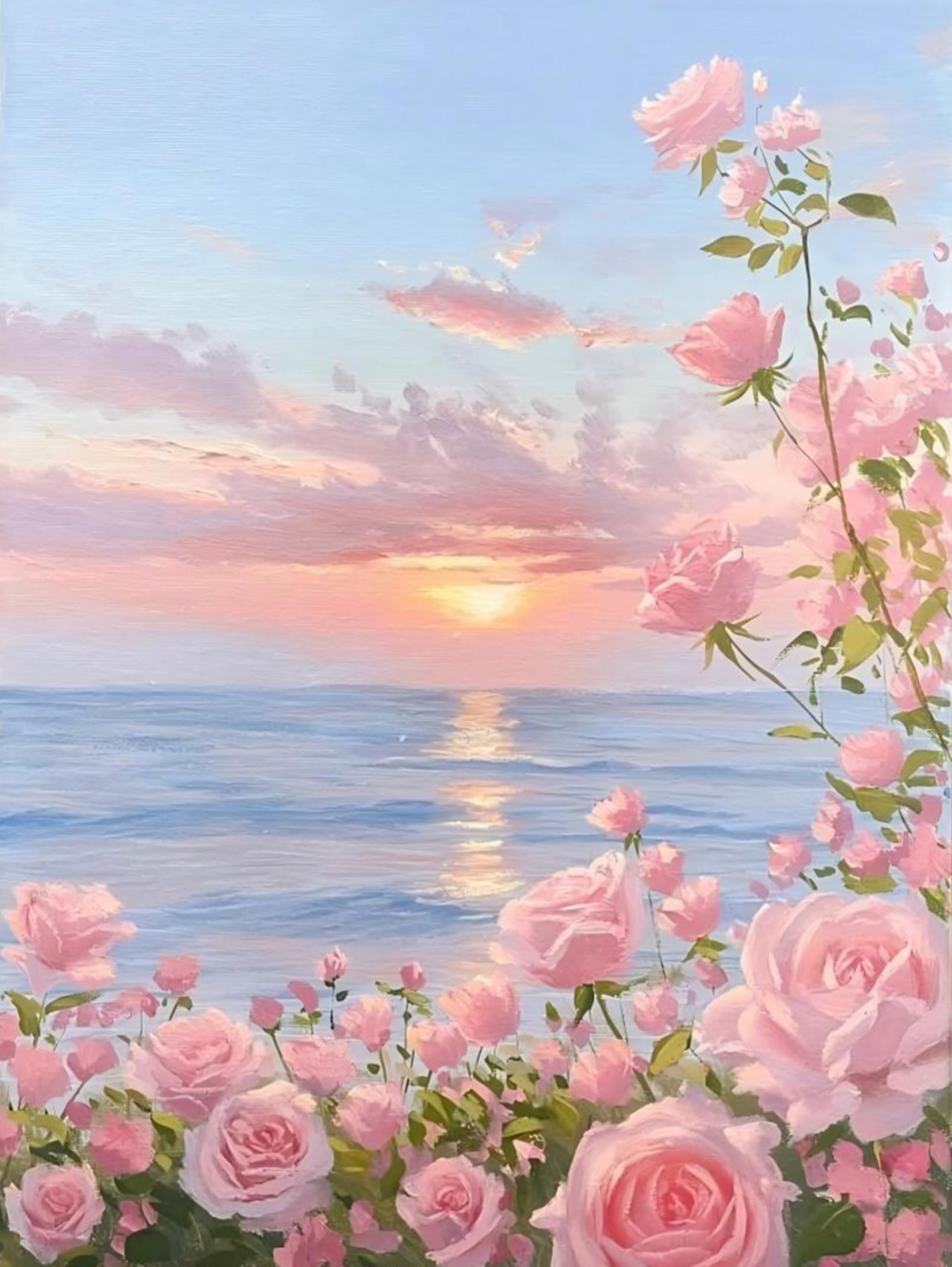 HKLIOPU Pink Roses and Sunset Sea View Diamond Art Kits Adults,5D Diamond Painting Kits for Beginners Kids,Full Round Drill Gem Art Kits Crafts Home Decor 12x16Inch