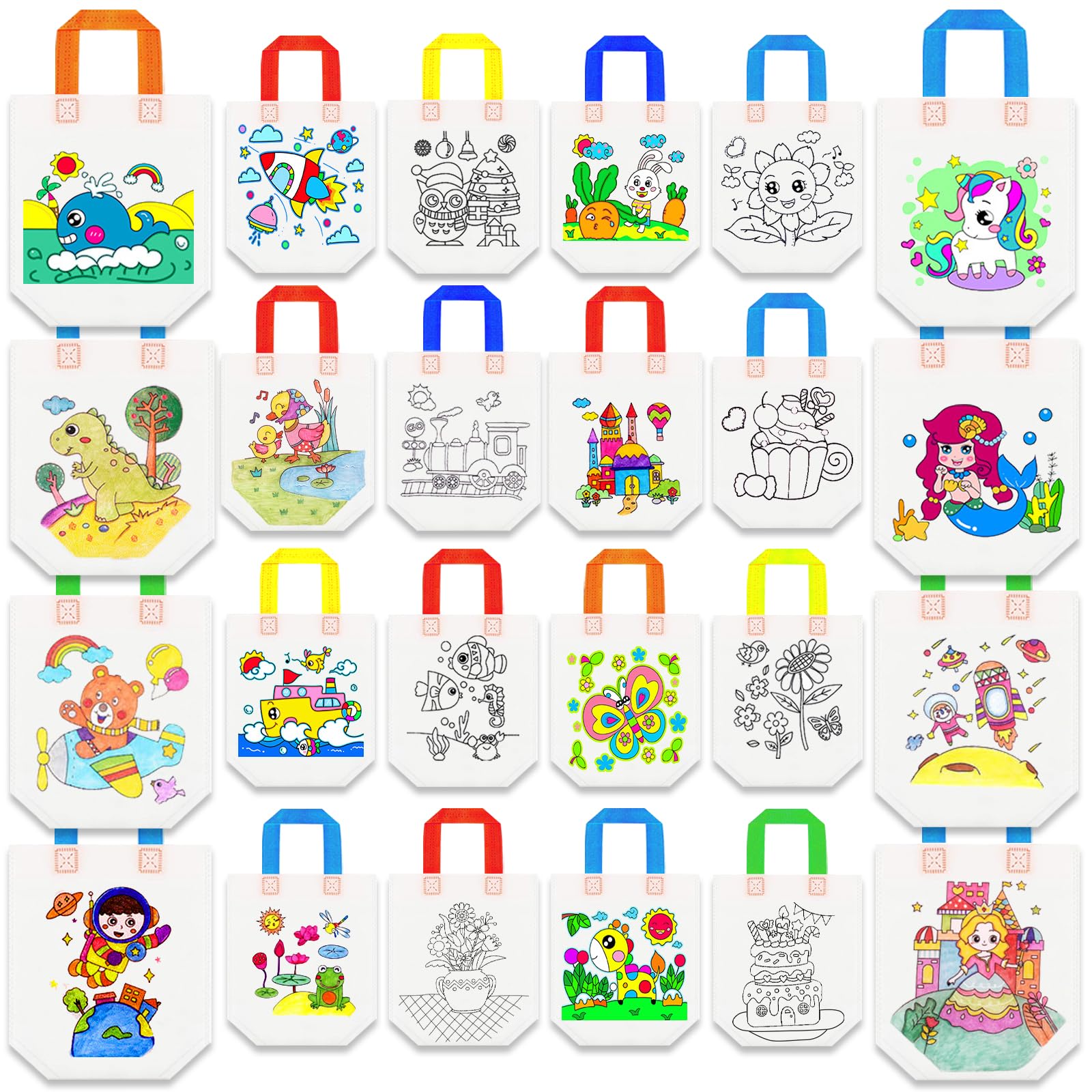 MOLDTAS 24 Styles Cute Cartoon Coloring Goodie Bags Reusable Coloring Carnival Art Party Favor Bags for Color Your Own Goodie Bags for Birthday Party DIY Crafts or Party Favors Supplies