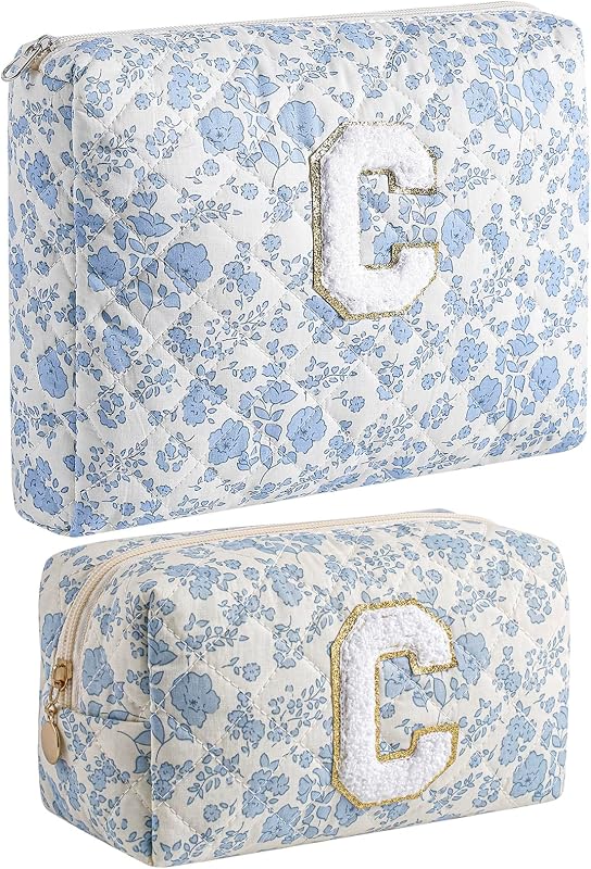 JOVAKIT Necessaires de Maquiagem com Zíper, Estampa Floral Azul, Modelo C, Pacote com 2