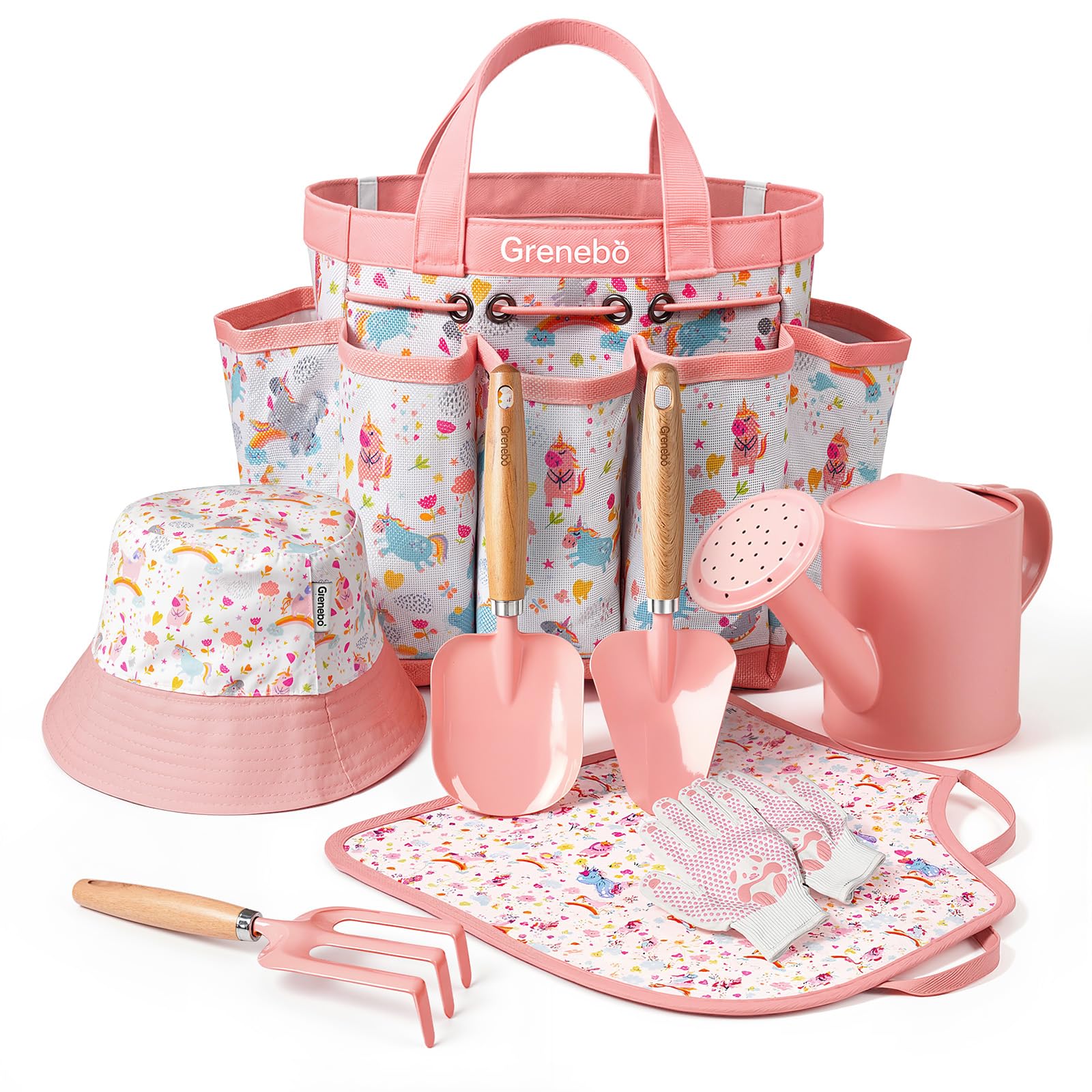 Grenebo-Gartenspielzeug für Kinder, inklusive Metallkelle, Pflanzschaufel, Gartenhut, Rechen, Schürze, Handschuhe, Gießkanne und Werkzeugtasche (rosa)