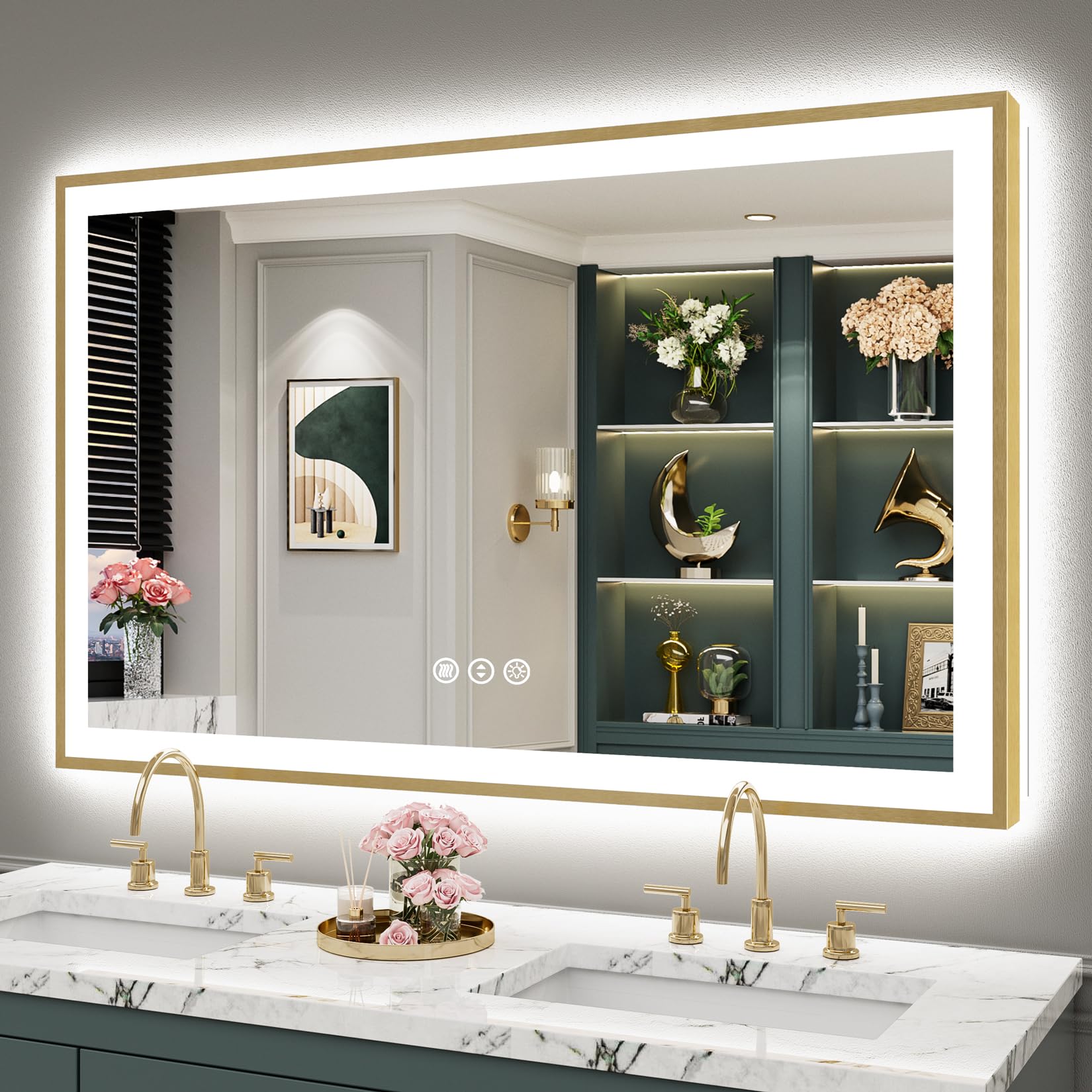 50x32 Gold LED Bathroom Mirror with Lights, Lighted Vanity Mirror