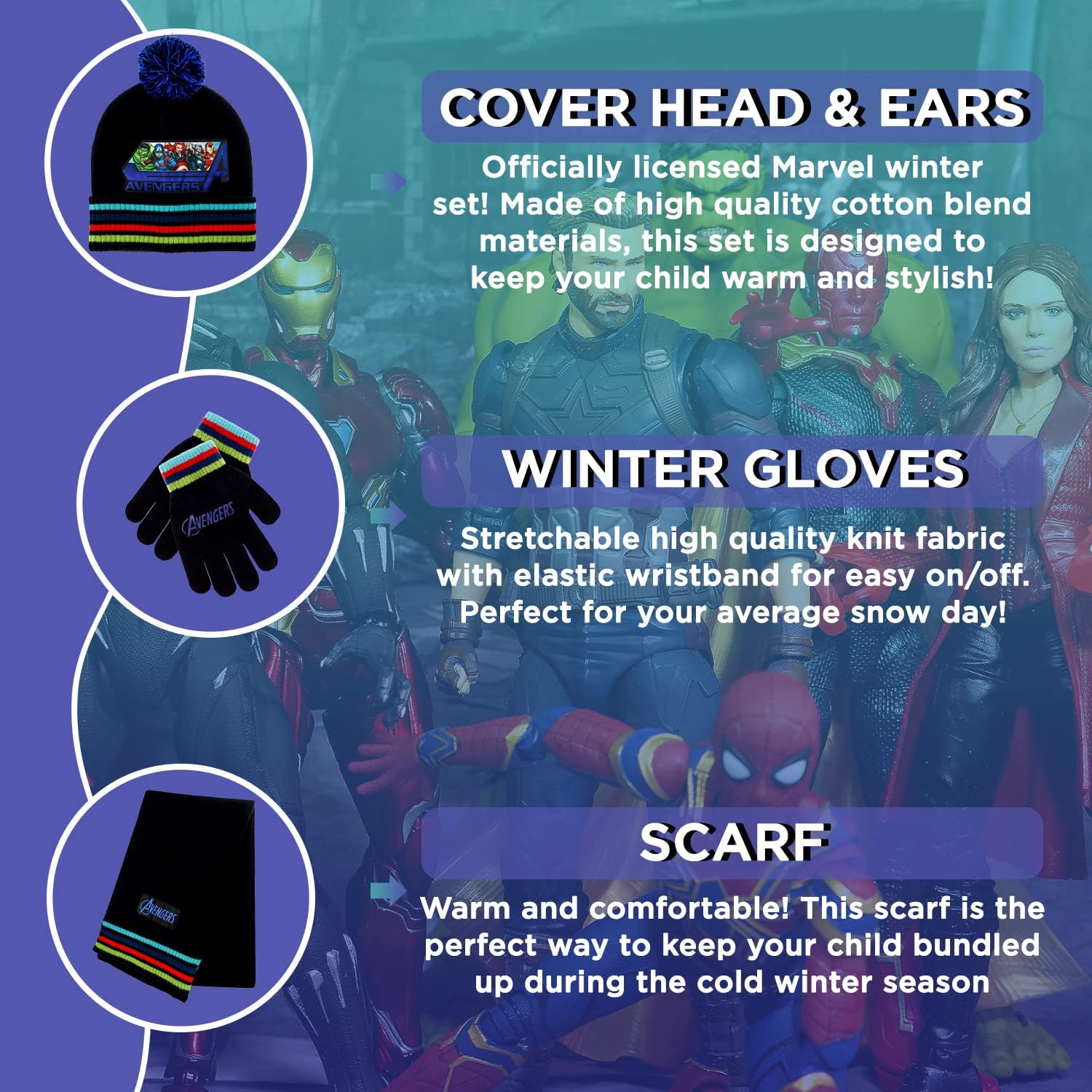 Marvel Avengers Kid’s Hat Scarf and Snow Gloves 3 Pc. Set, Soft Warm Pom-Pom Beanie Cute Outdoor Wear for Boys and Toddlers - Image 2