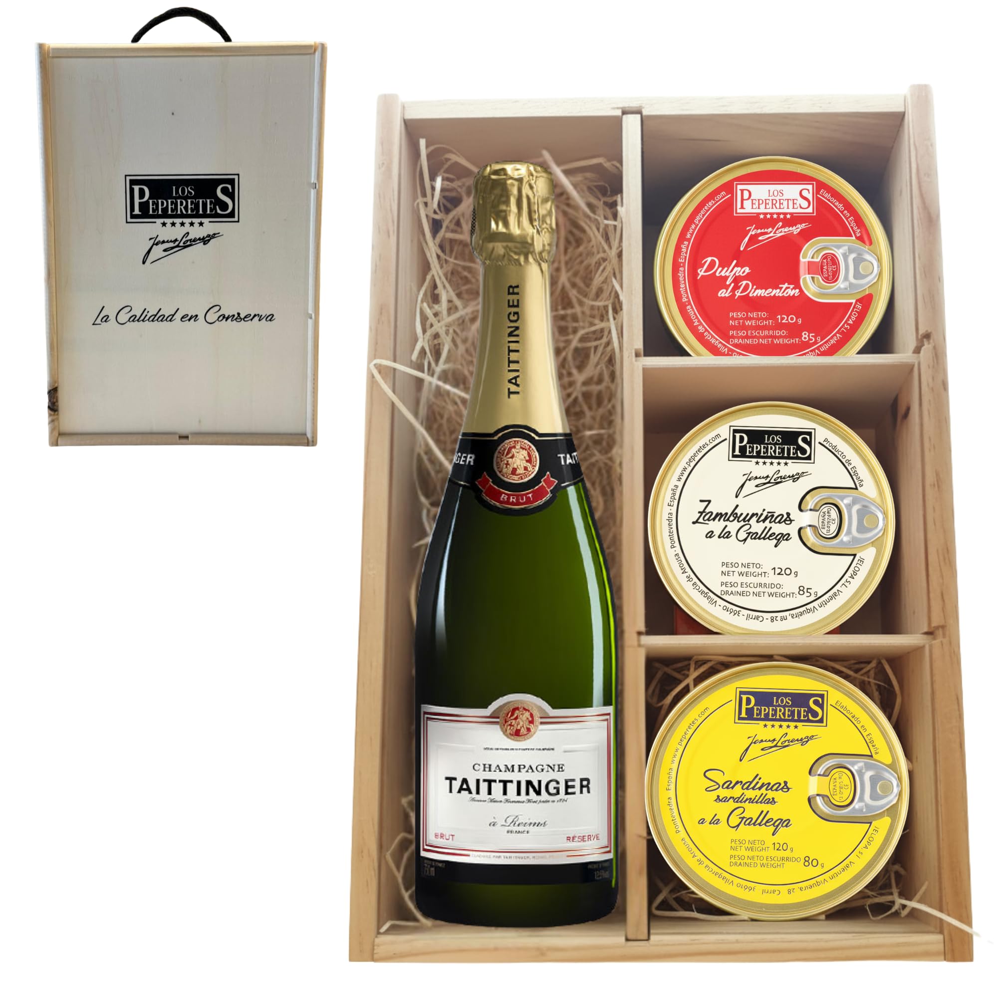 LOS PEPERETES Pack Gourmet Marisco Gallego con Champagne Taittinger | Pulpo al Pimentón ×2 · Zamburiñas ×2 · Sardinillas a la Gallega ×2 | Lote Delicatessen Premium