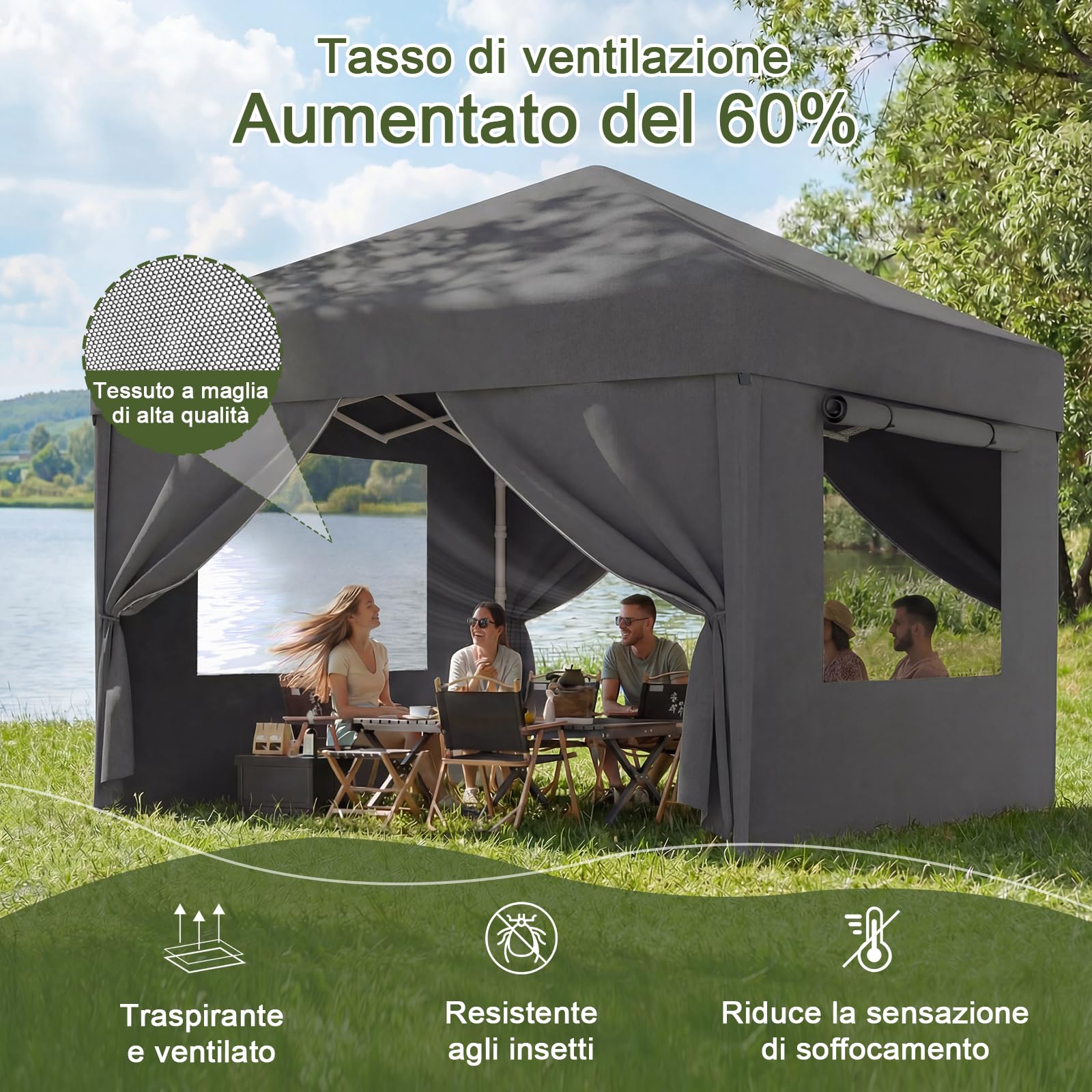 Devoko Gazebo Pieghevole 3x3 Impermeabile Stabile Invernale con Finestra a Rete Aerata, Protezione UV 50+, Tenda da Giardino Campeggio Grigio