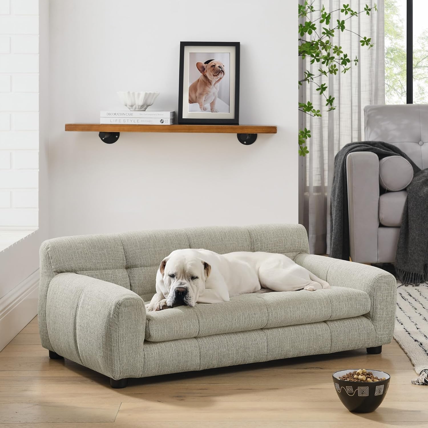 Dog Couch Bed, 38" Sofa for Dogs with Backrest and Armrest, Durable Pet Sofa with Soft Foam Cushion, Elevated Dog Couch Bed with Legs for Medium Dogs, Beige
