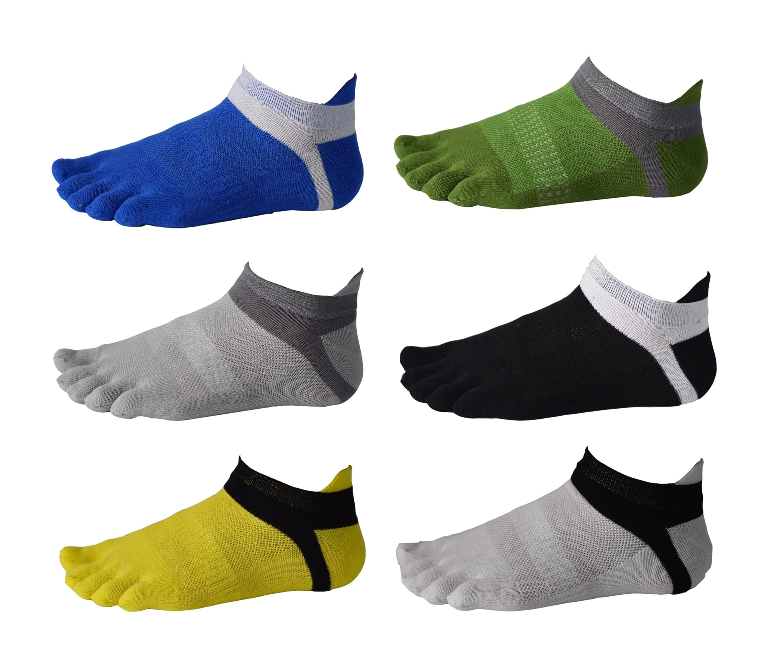 Men's Cotton Low Cut Toe Socks, Toe Separator Socks Mesh Wicking Crew Socks for Running, Hiking, Cycling with 6 Colors(Black, Blue, Gray, Yellow, White, Green)