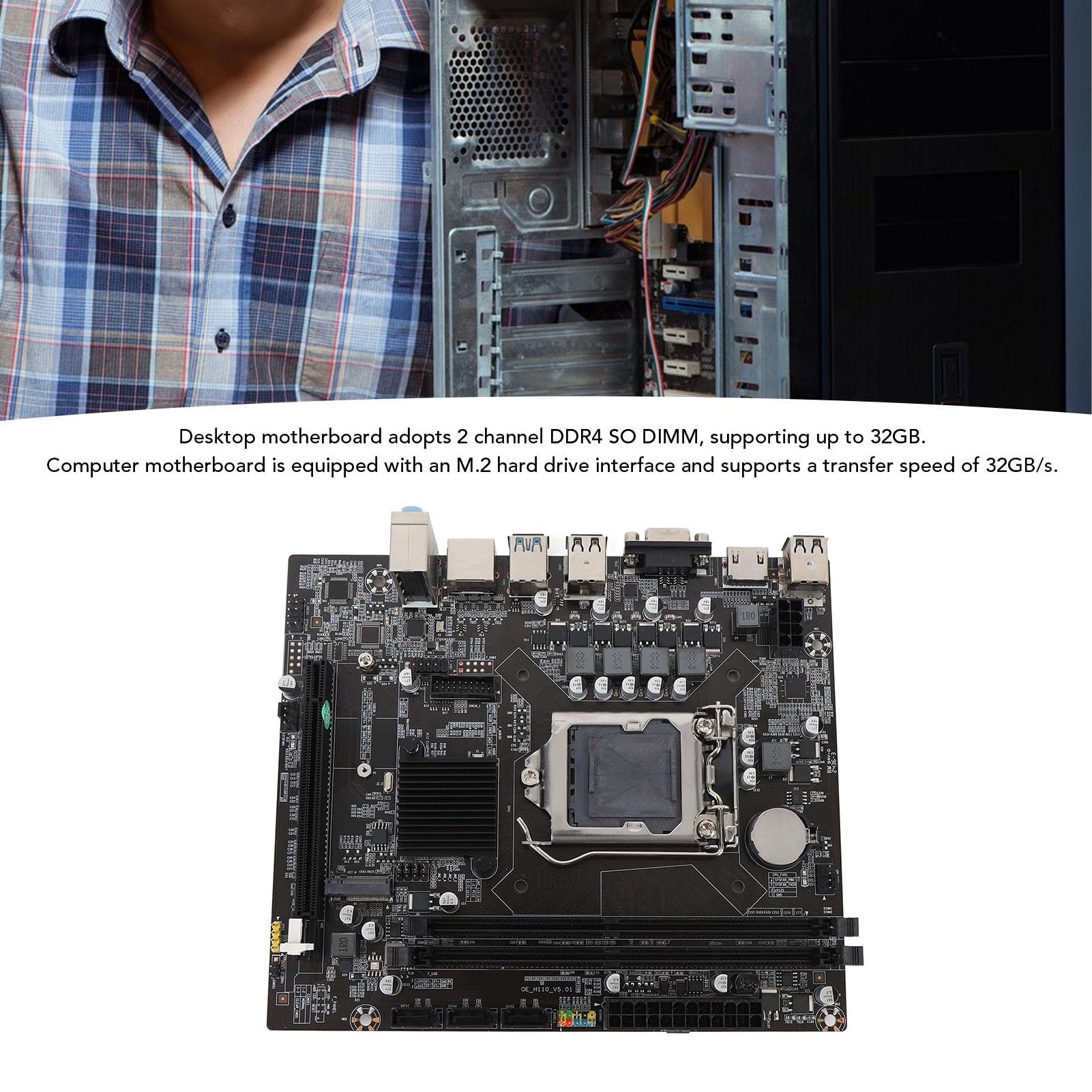 VBESTLIFE Płyta Główna Komputerowej H110, DDR4 USB3.0 M.2 NVME Gaming Mainboard z Interfejsami Wyświetlaczów VGA HD, dla LGA 1151 Celeron Core