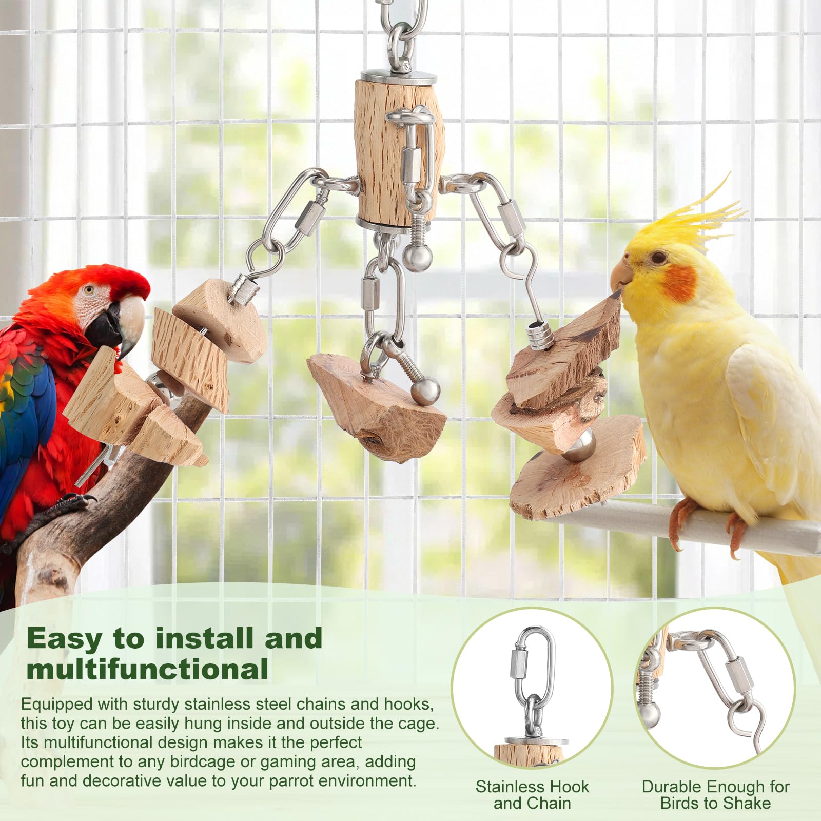 Lulu Buddy's Giocattolo da masticare in acciaio inossidabile e legno di pero selvatico che aumenta la gioia, gancio indistruttibile per ara, cacatua/grigi africani, gioco interattivo sicuro e pace