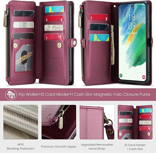 Miniatura 3 de Funda compatible con Samsung Galaxy S21 FE 5G con tarjetero, bloqueo RFID, cremallera, para Galaxy S21 FE, funda magnética de piel sintética para