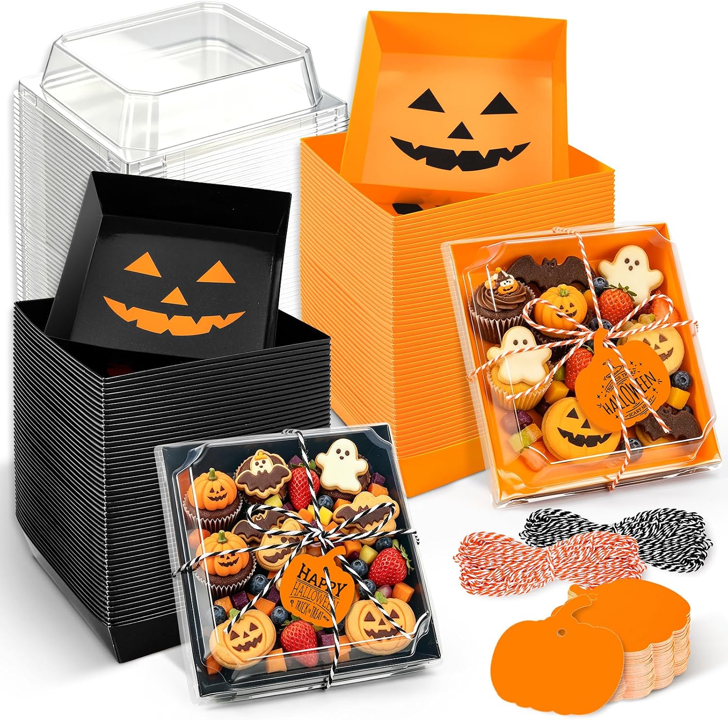 Whaline 100 Pack Halloween Pumpkin Charcuterie Boxes with Clear Lids Rope Card Orange Black Disposable Bakery Treat Boxes for Cookie Candy Donut Cake Halloween Party Favor Gift Packaging Supplies