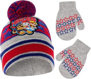 Boys Winter Hat Set, Paw Patrol's Marshall, Chase and Rubble Toddler Beanie and Mittens for Kids Age 2-4