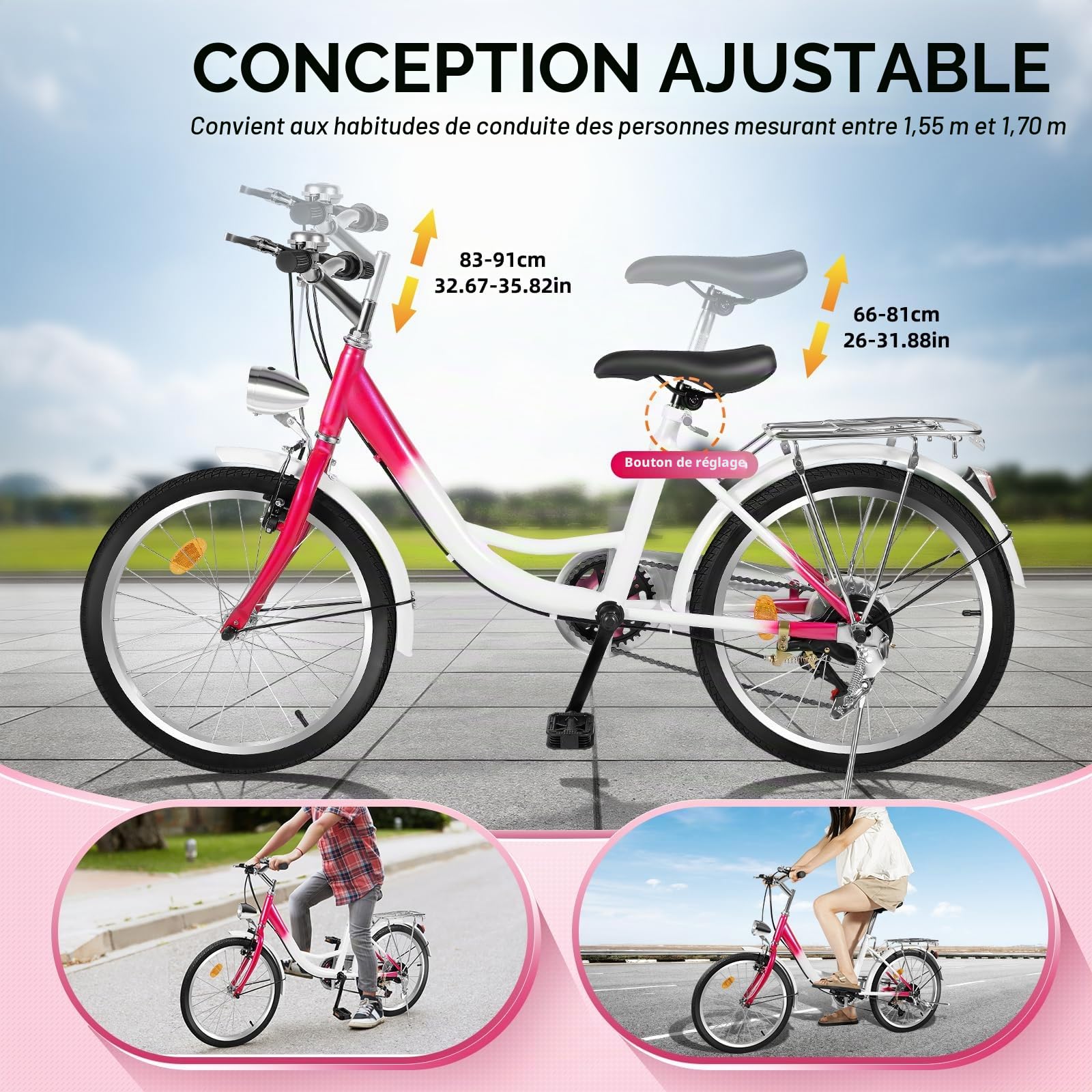 Vélo de ville de 20" à 6 vitesses avec éclairage LED | Vélo réglable en hauteur pour adultes (charge de 90 kg) – Roues en aluminium + frein en V / frein à tambour | Vélo urbain rose et blanc