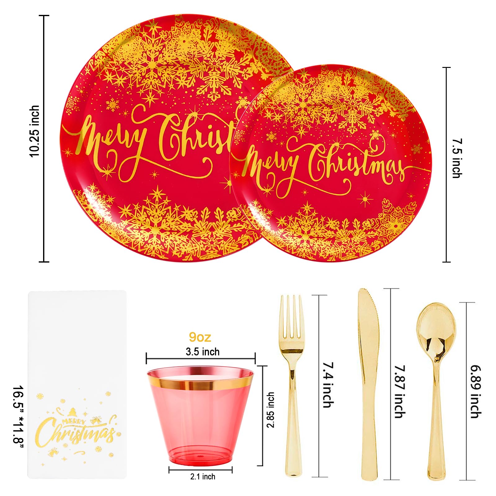 I00000 175PCS Christmas Plastic Plates, Red and Gold Plastic Plates with Gold Plastic Silverware Include 25 Dinner Plates 25 Dessert Plates 25 Forks 25 Knives 25 Spoons 25 Cups and Napkins for Party