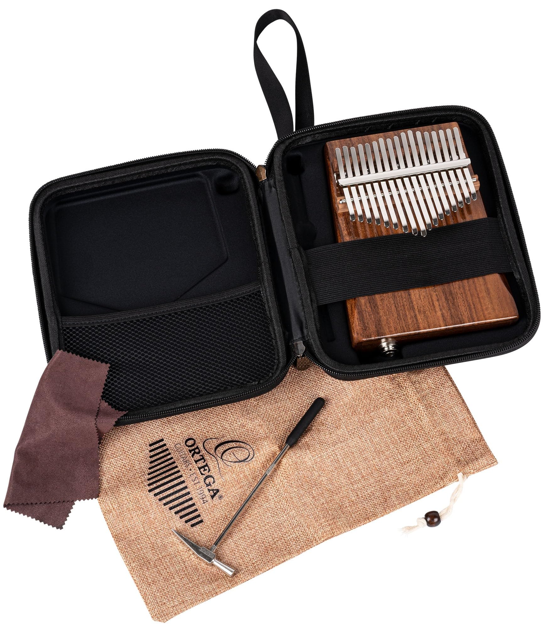 Ortega Kalimba Thumb Piano electroacústico - Serie Lizard - 17 Teclas - Do Mayor - Meditación, LoFi, Actuación en Vivo - Estuche de lujo, funda, martillo de afinación, tela polaca (OKB1E)