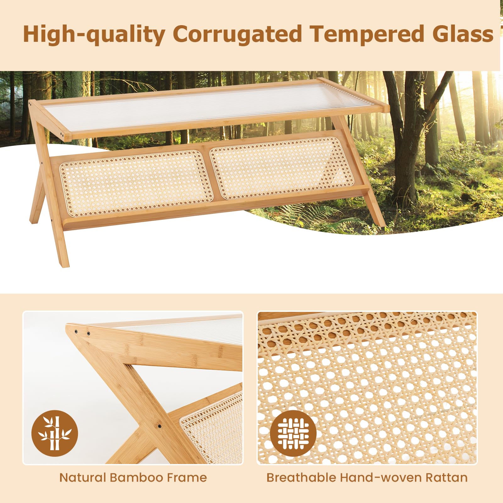 LIFEZEAL Tavolino da Salotto in Bambù, Decorativo, Tavolino Basso a Forma di Z con Rattan, Piano in Vetro Scanalato, Tavolino Laterale da Caffè, da Divano, Soggiorno, Balcone, Moderno, 51,5x37x58cm