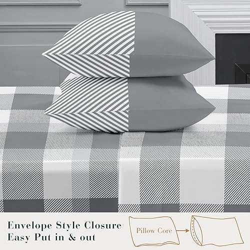 Miniatura 4 de YIYEA Juego de sábanas de lujo de 1800 hilos de microfibra de doble cepillado a cuadros para cama de tamaño Queen, extra suaves, bolsillo profundo,