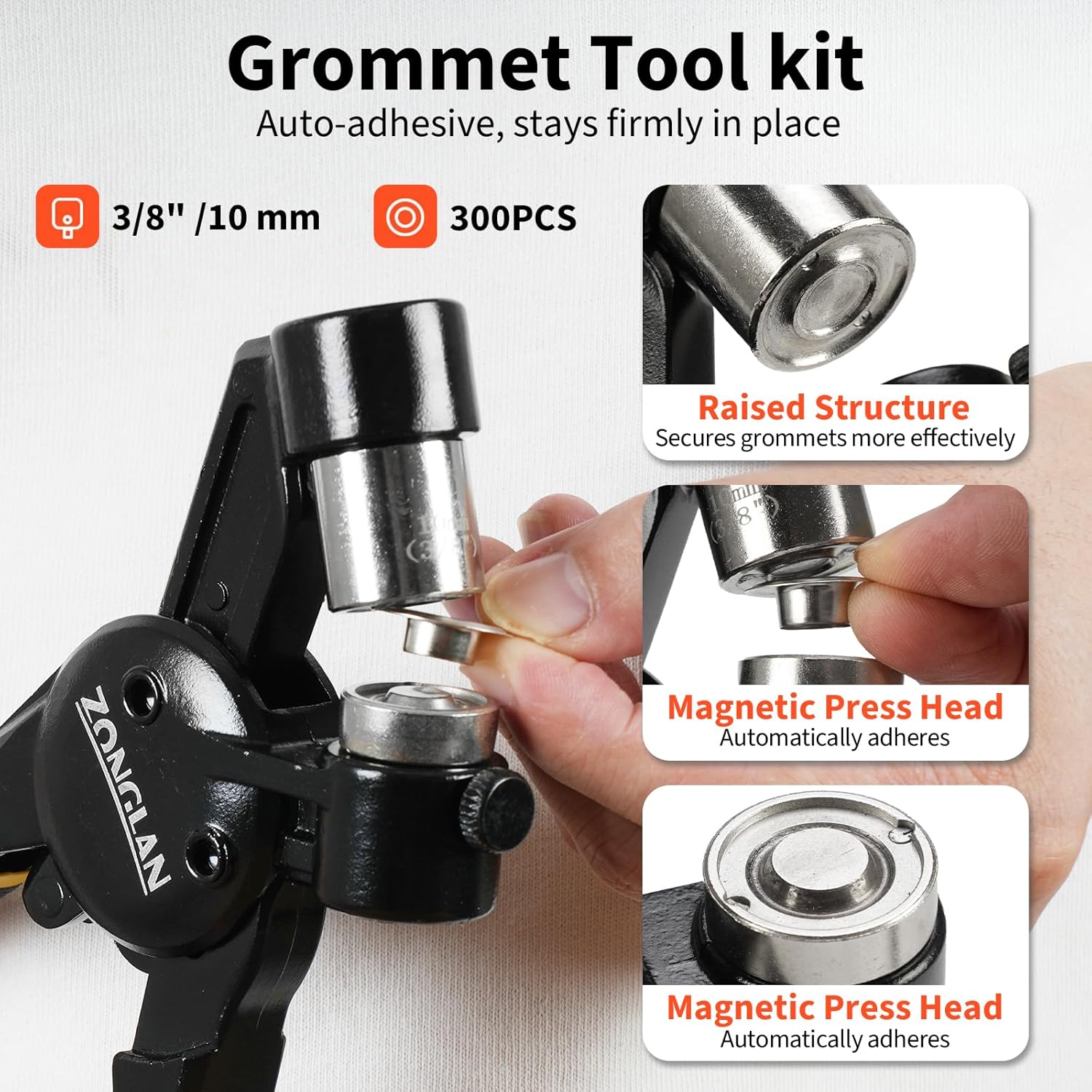 Grommet Tool Kit, 3/8 Inch Handheld Eyelet Kit Hole Punch Grommet Eyelet Press Pliers with 300 Silver Anti-Rust Grommets for Tarp Leather Fabric Tent and So On 1-Die Set: 3/8"