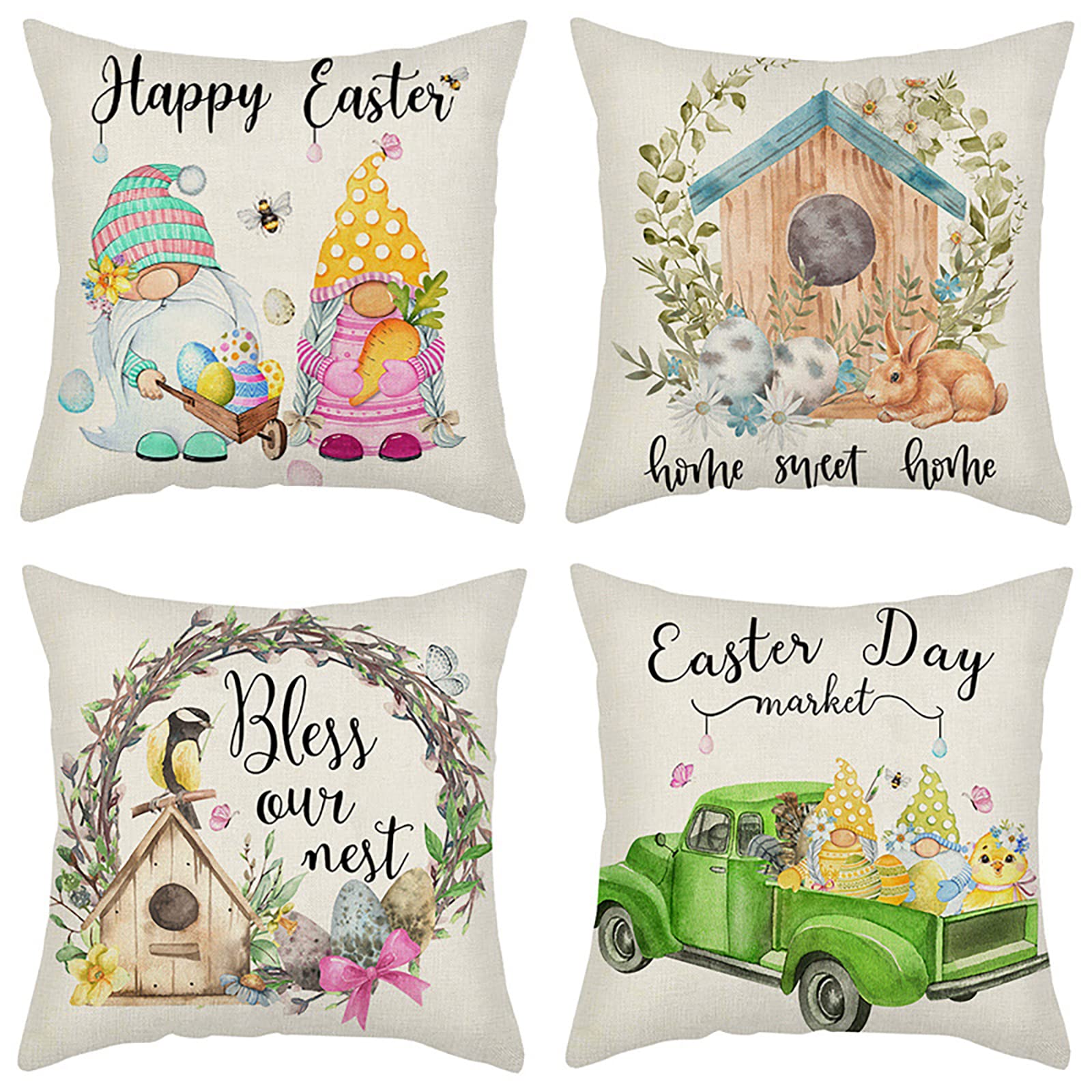 YMQIANYU Easter Bunny Decorations Pillow Covers Set of 4 Rabbit Throw Cushion Case 18x18 Inches Square Sofa Pillowcases for Living Room Bedroom Easter Decor
