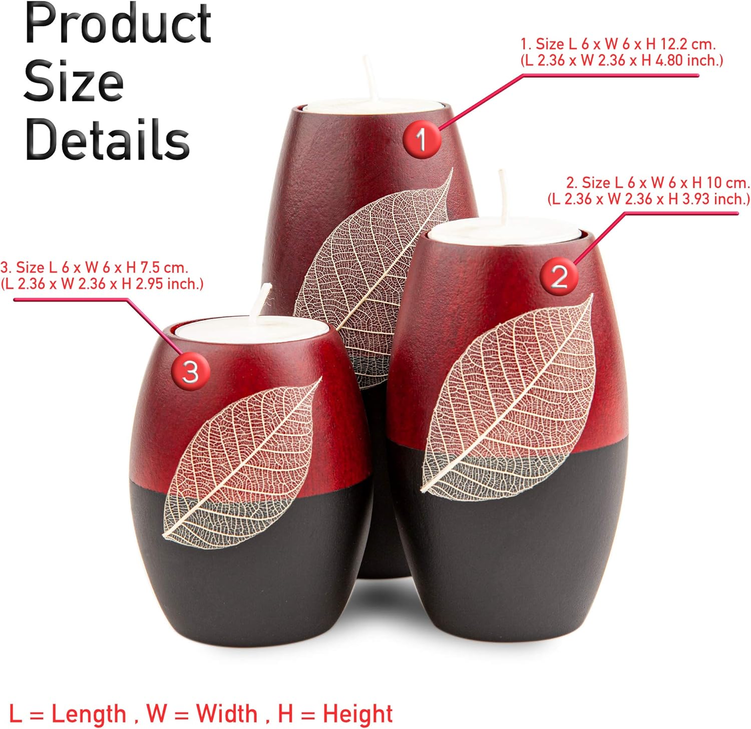IYARA CRAFT 3 Wooden Candle Holders Decorative Candle Holders with Beauty Decor Dry Leaf – Intricate Details – Matte Wood Finish – Ideal for Modern & Rustic Settings 2 Tones, red, Black (Rugby Shape)