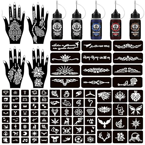 Moricher Kit de tatuaje temporal de 5 tintas, 102 plantillas, kit de tatuaje de henna con plantillas de mandala, marcadores de tatuaje