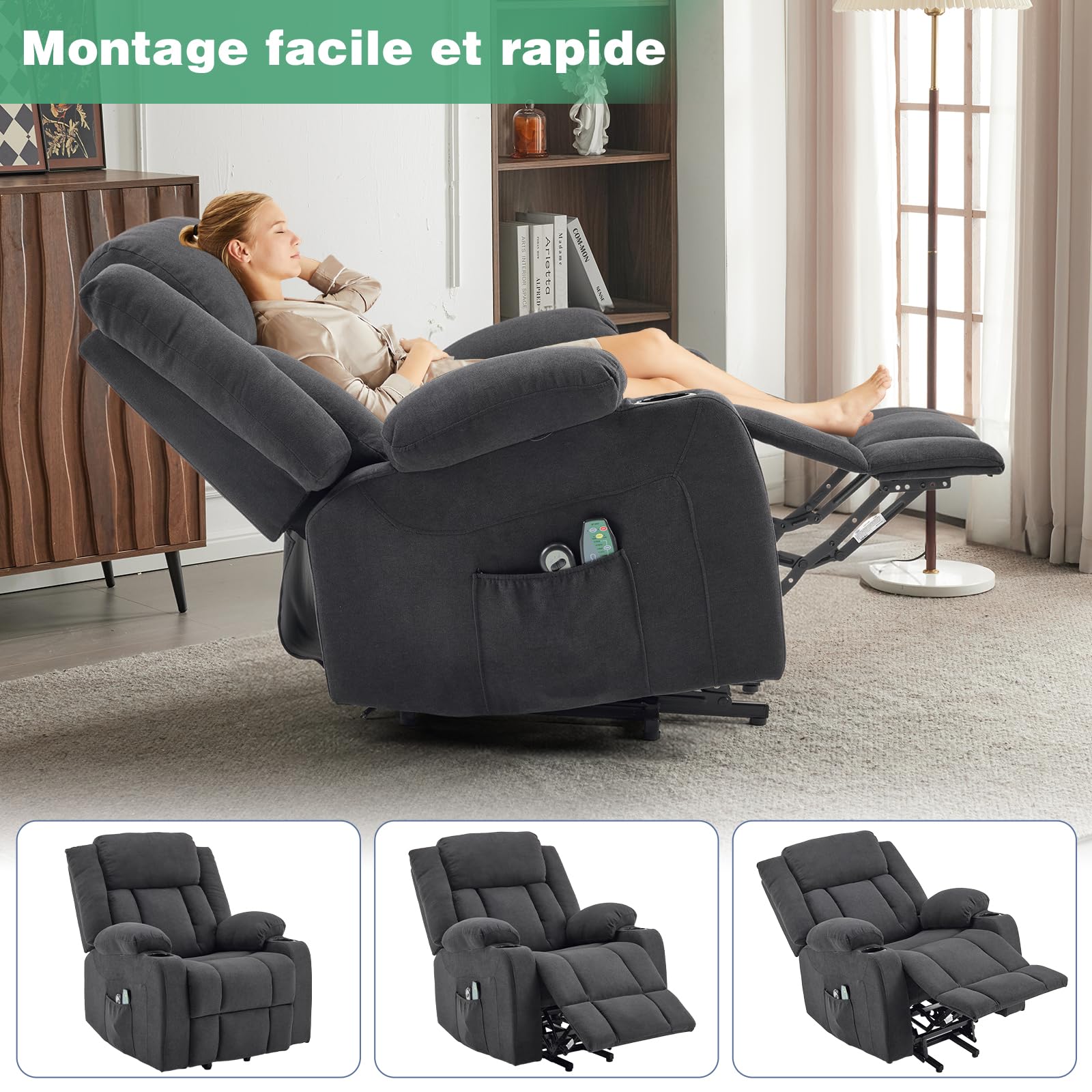 LEADZM Sillón elevador eléctrico relax con función de masaje y calor | inclinación ajustable y reposapiés, mando a distancia incluido, Schwarz