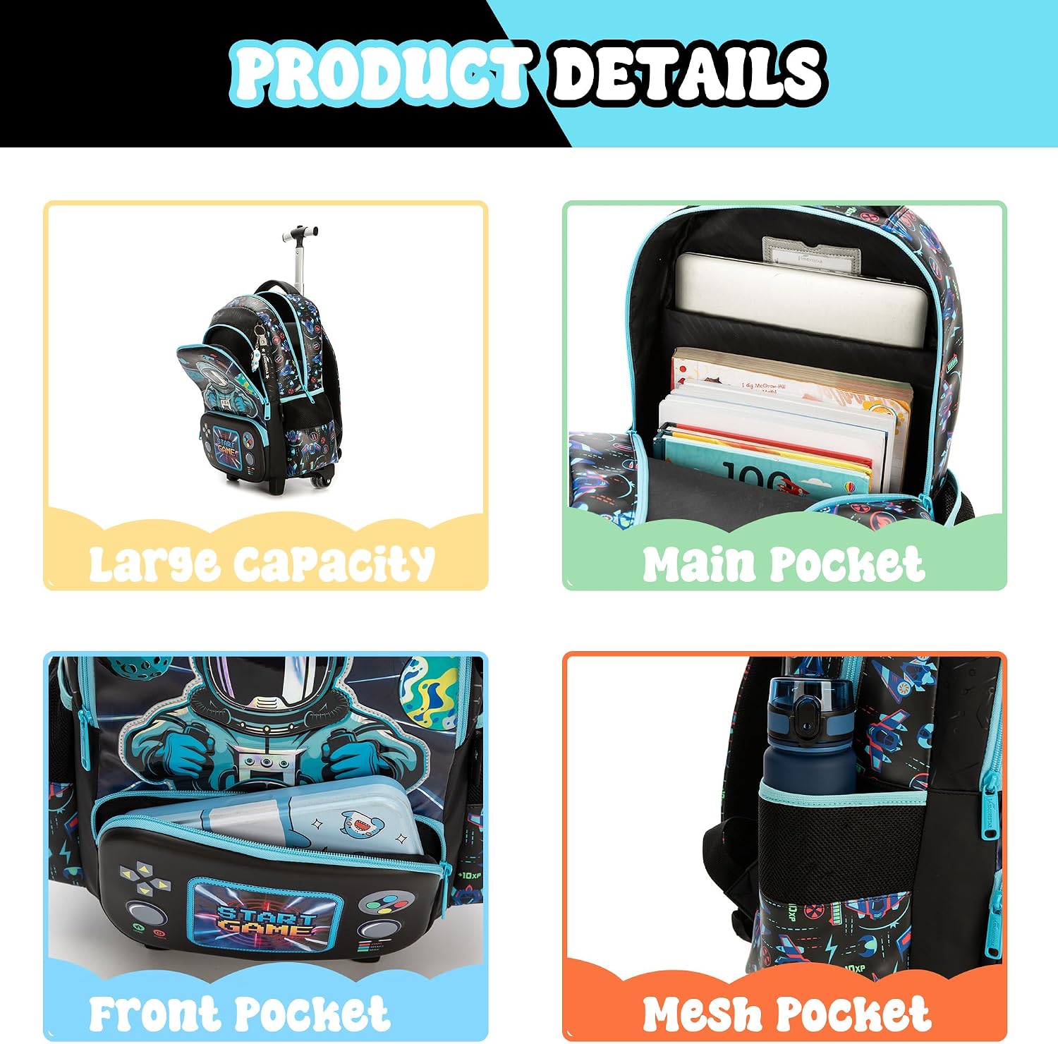 Kids Rolling Backpack with Wheels for Elementary Preschool Students Boys Travel Luggage Carry on Backpack for Boys Ages 6-8 Space image 5