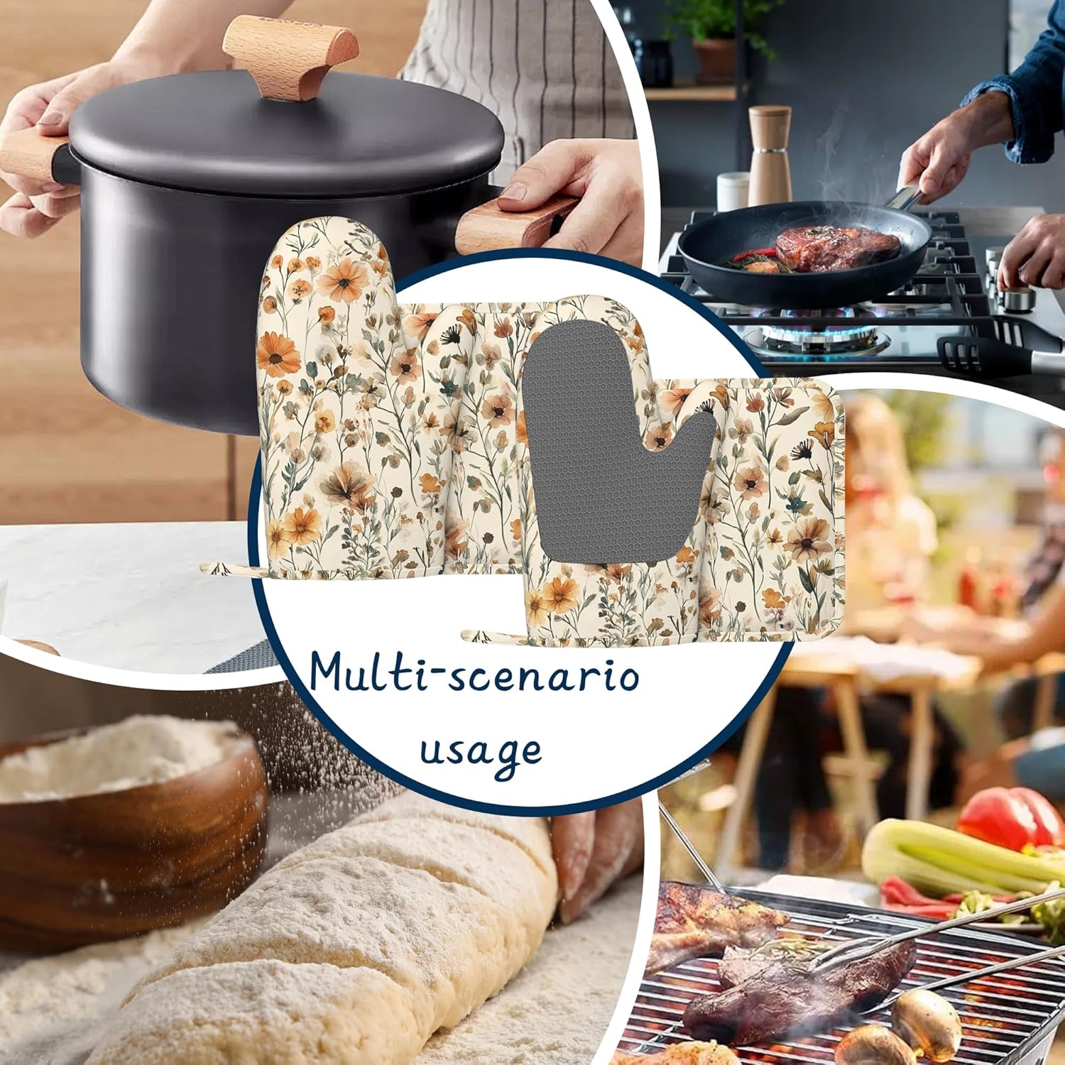 Kitchen Mitts Set,Rustic Floral Oven Mitts and Pot Holders Sets,Thick Cotton Heat Resistant Vintage Farmhouse Flower Hot Pan Holder Extra Long Cooking Mitts for Cooking Baking Grilling BBQ Bakeries