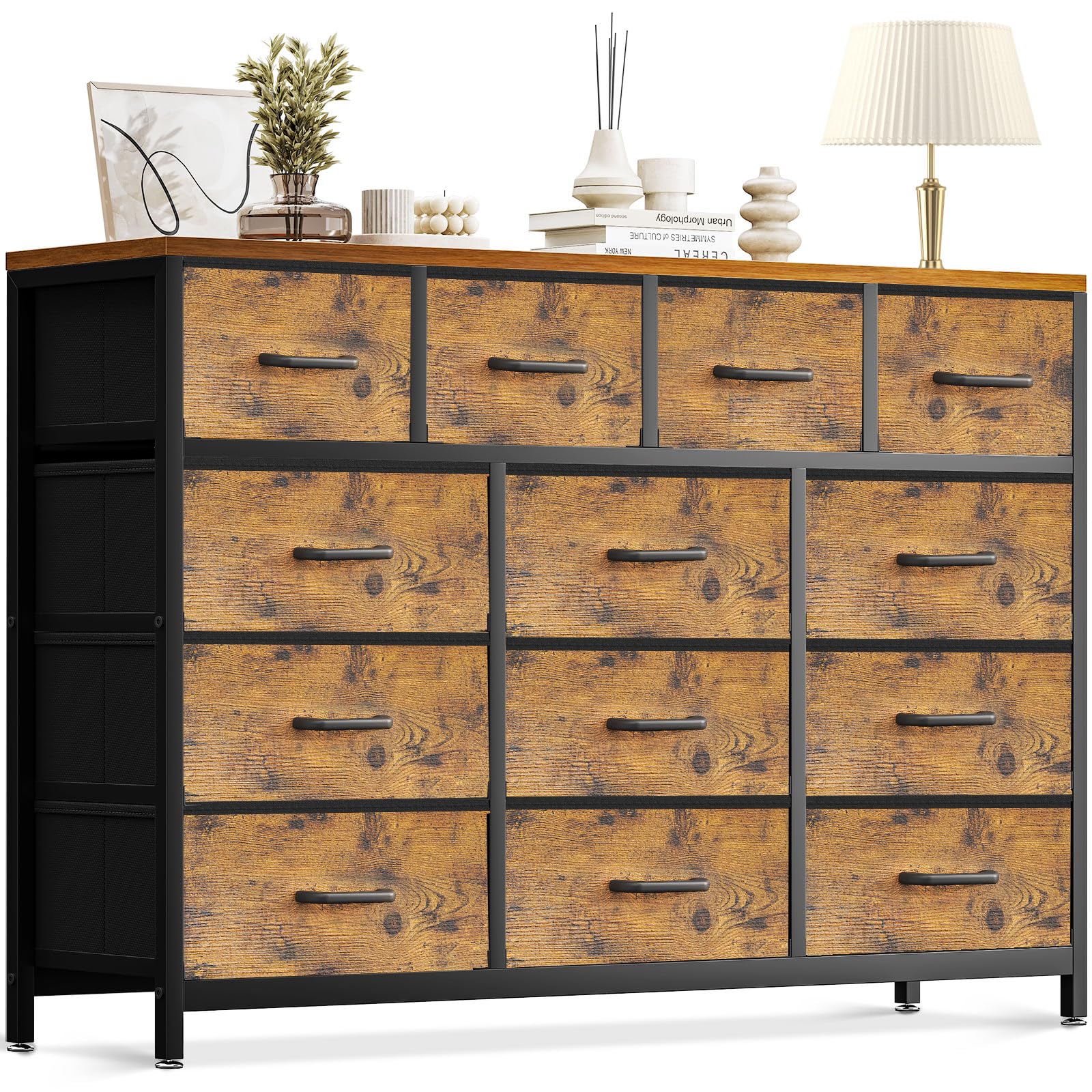 Coleshome Grande Comoda Dormitorio, con 13 Grandes Cajones de Tela | Cajones Vintage, Marco de Acero Resistente, Cajonera para Salón y Dormitorio, 140 x 30 x 101cm
