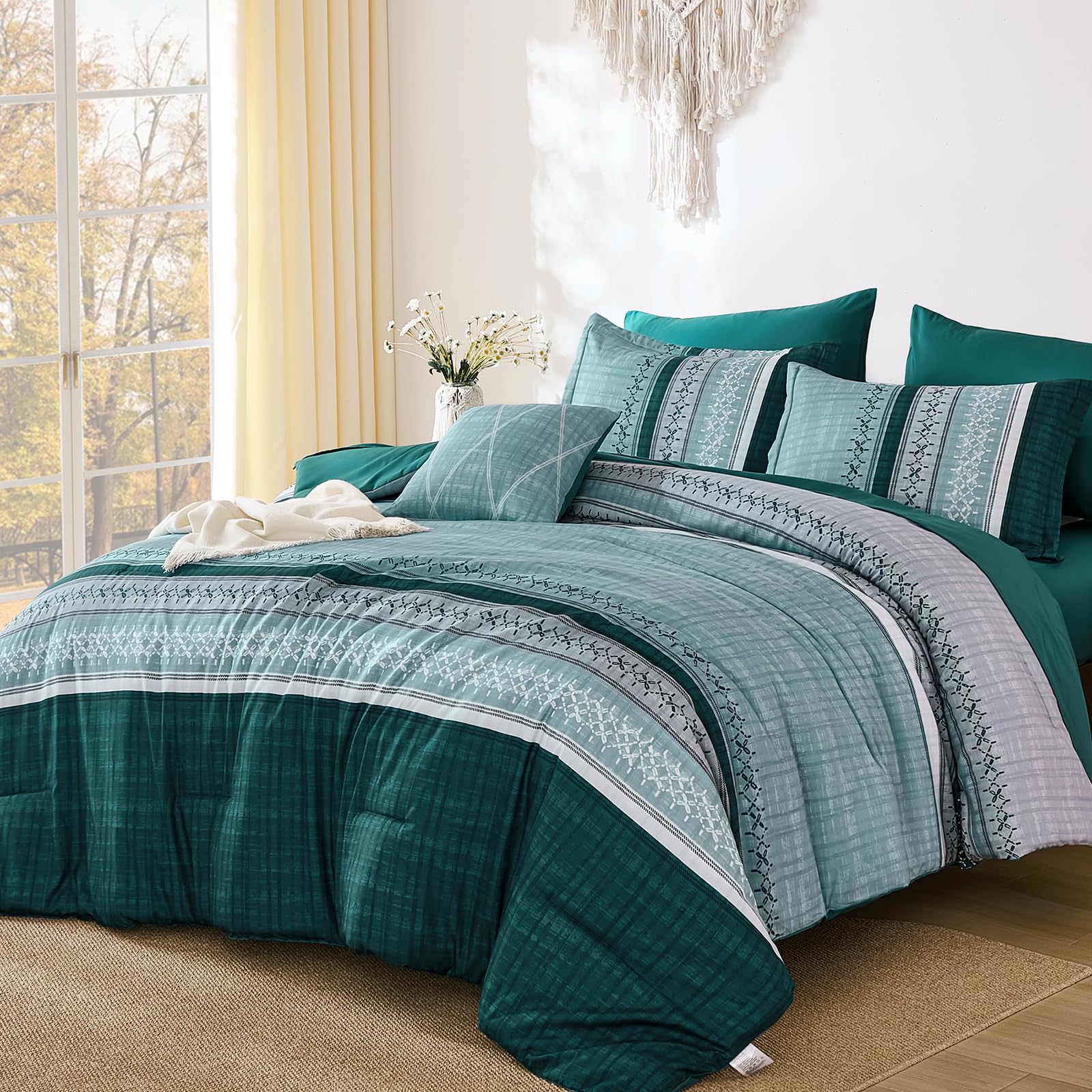 Dintszyayue Teal Queen Comforter Size Set, 8 Pieces Striped Texture Bed in a Bag Bedding Sets, Lightweight Soft Comforter and Sheet Set, All Season Microfiber Teen Boys Bedding Sets for Men Women