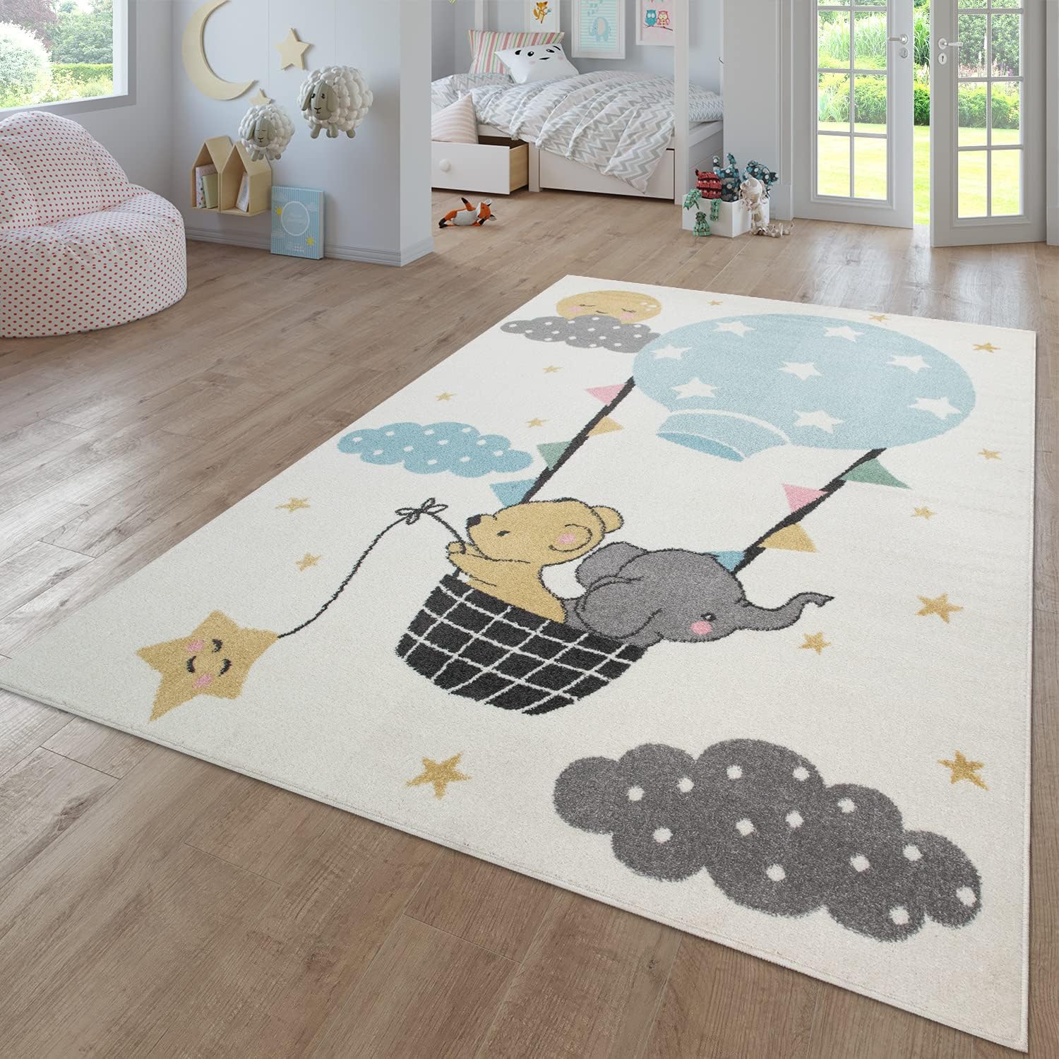 TT Home Nursery Area Rug Kids Rug For Bedroom Girls Boys Modern Rainbow Cloud Rug Animal Motif Colourful, colour: Cream, Size:160x220 cm