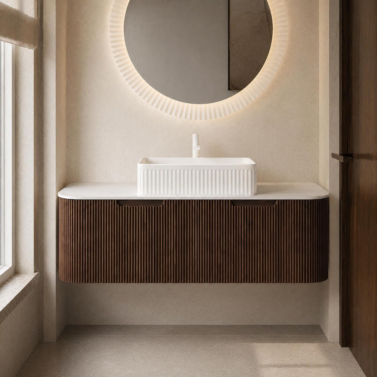 48 Inch Bathroom Vanity with Sink, Floating Wall Mounted Single Sink Vanity, Dark Walnut Curved Fluted Front, Stone Top, White Textured Rectangular Vessel Basin, Pre-Assembled