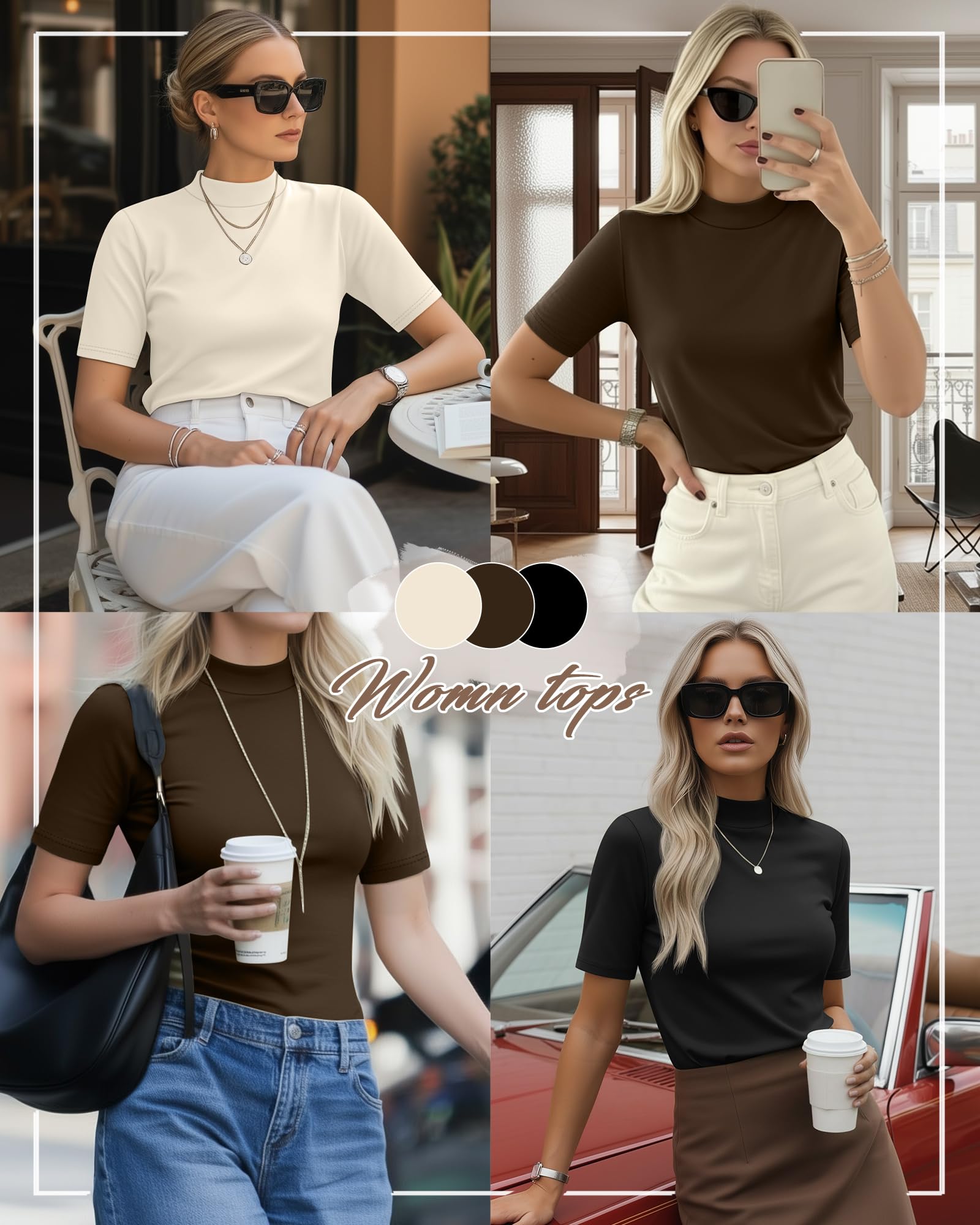 Ficerd Lot de 3 T-Shirts à Manches Courtes et Col Roulé pour Femme, Tuniques Basiques d'Été Décontractées