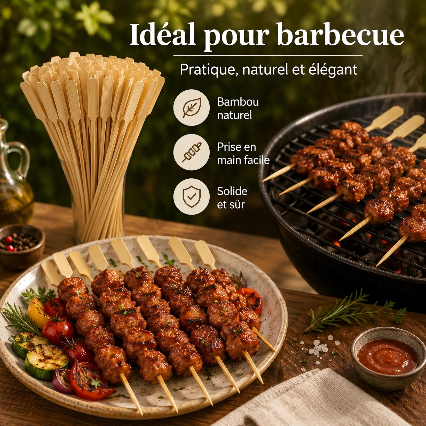 Lot de 100 Pics Brochette en Bambou 15 cm, Bâtonnets Naturels pour Barbecue, Bâtonnets Cocktail, Piques Apéritif Et Barbecue, pour Fruits, Viandes Et Tapas