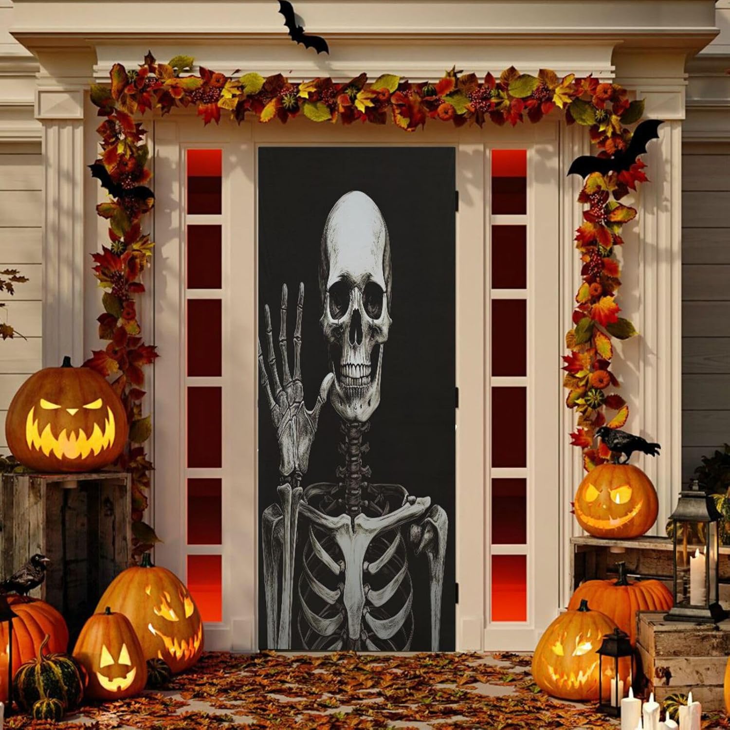 Halloween Skeleton Door Cover Washable High Elastic Fabric Front Door Cover for Festive Party Home Decor,32x79Inch