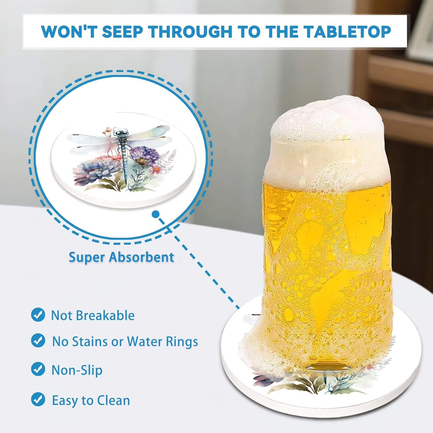 Drinks Coasters Set of 4, Dragonfly Wildflower Round 4" Cup Coasters, Absorbent Ceramic Stone Coasters with Cork Base, Cute Coasters for Table Home Décor, Ideal Gifts for Women Men - Image 4