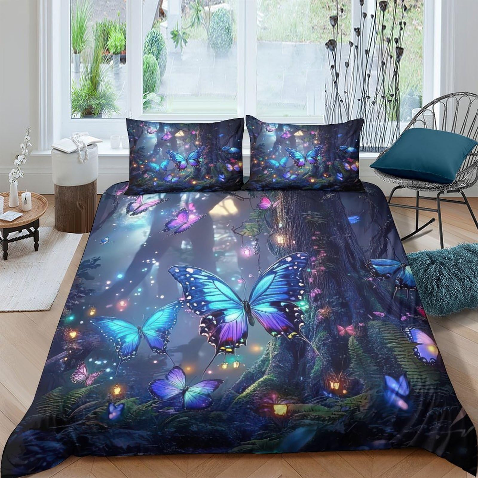 Ctjqhvkz Style-9 3D Printed Blue Butterfly Fairy Forest Fitted Sheet Microfiber Soft Decor Mattress Cover For Bedroom Guest Room Single（135X200cm）