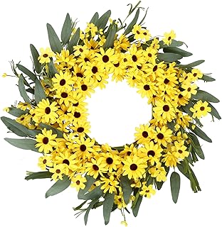 Yellow Spring Sunflower and Daisy Wreath with Yellow Pip Berries and Green Leaves , 22 inches Full Holiday Wreath for Front Door Window Wall Decoration Spring and Holiday Decoration